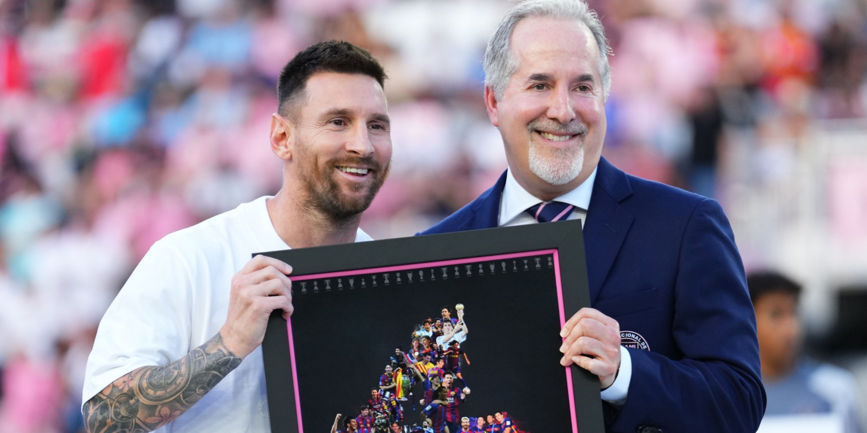 Inter Miami owner Jorge Mas celebrates Lionel Messi after Copa America victory