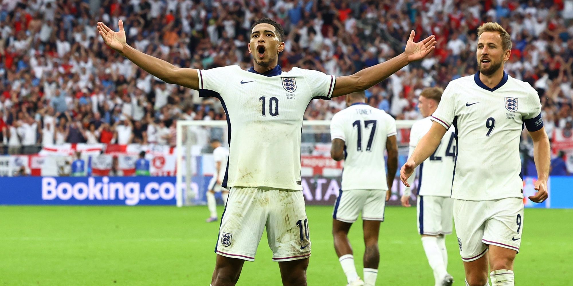 Jude Bellingham celebrates after scoring against Slovakia