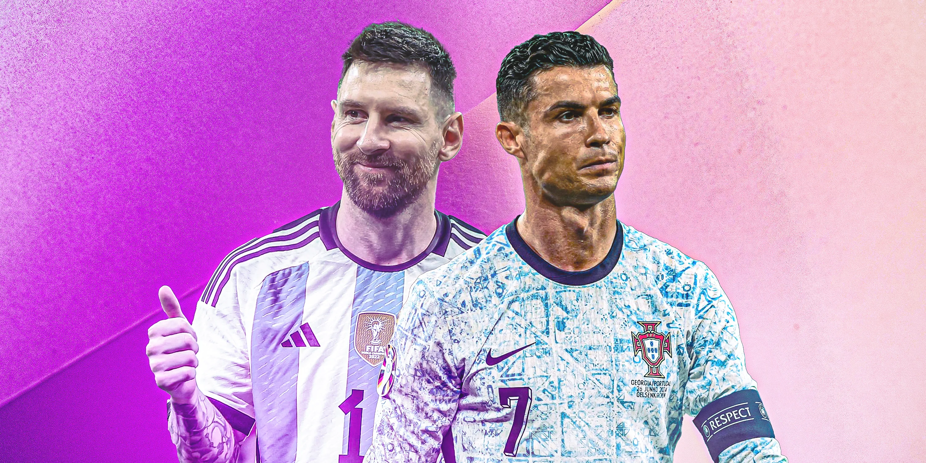 Lionel Messi happy (Argentina kit), Cristiano Ronaldo sad (Portugal kit)