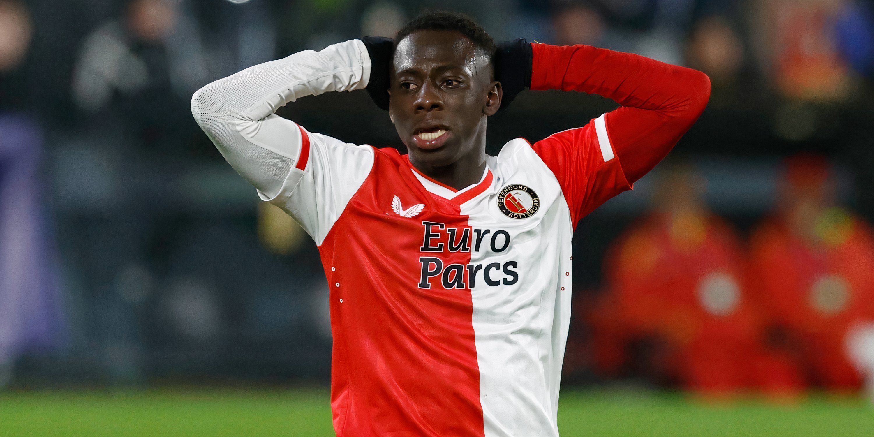 Yankuba Minteh reacts after missing a chance for Feyenoord
