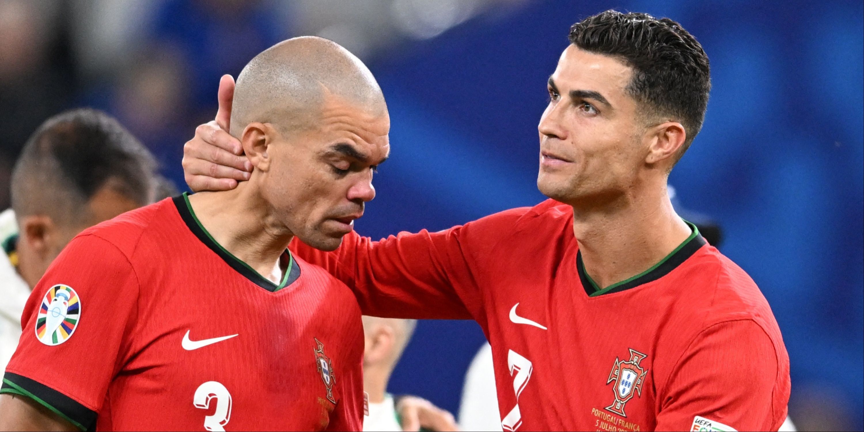 Cristiano Ronaldo and Pepe after Portugal's loss to France