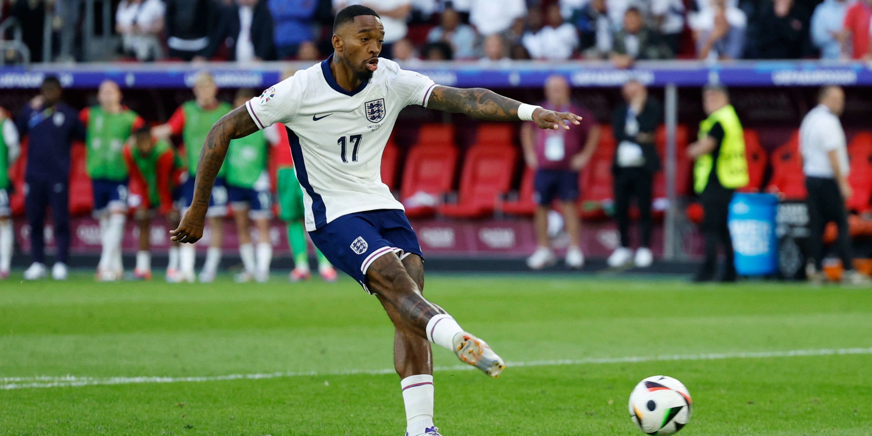 England striker Ivan Toney scoring during a penalty shoot-out