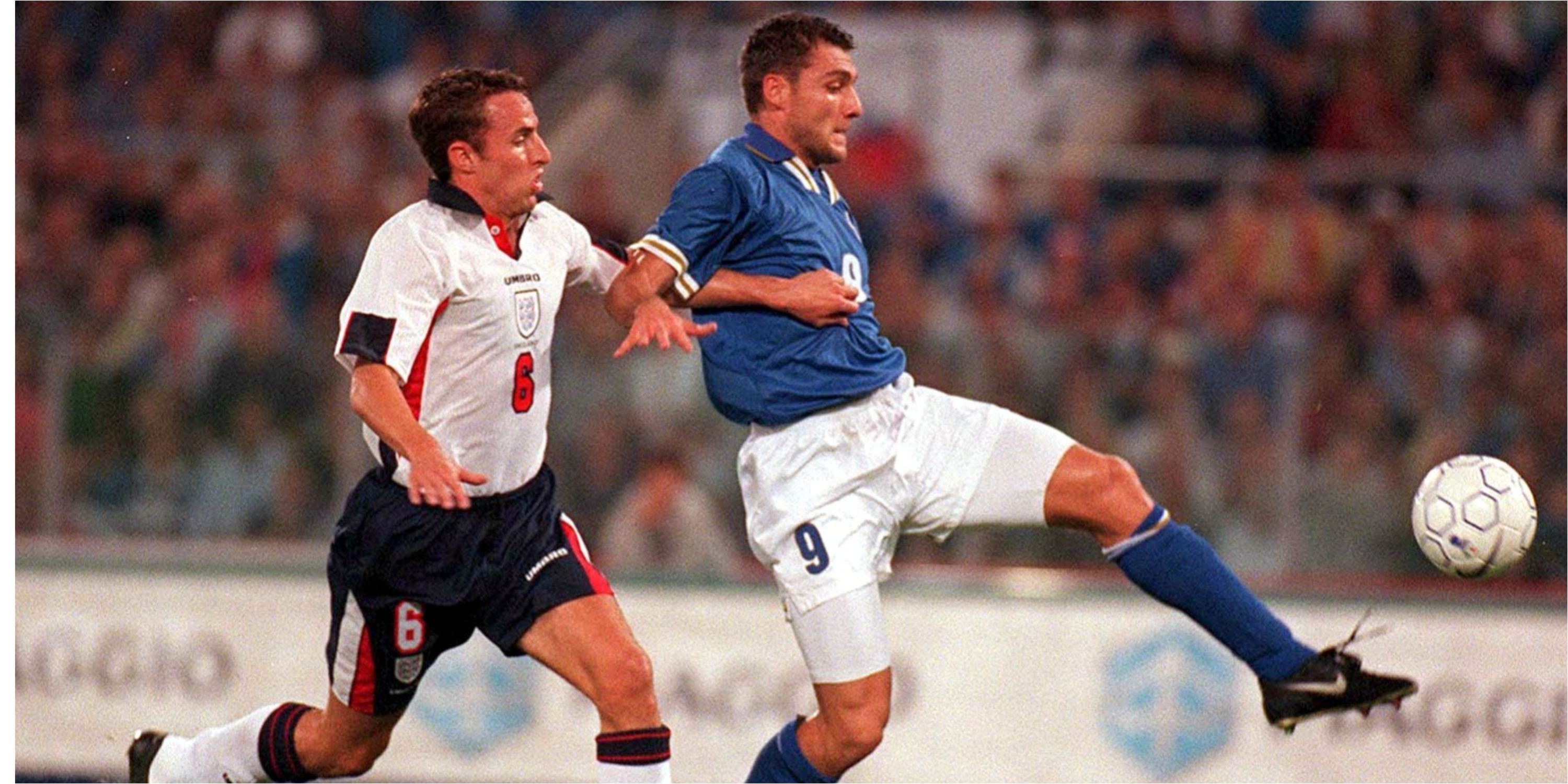 Italy's Christian Vieri holds off England's Gareth Southgate in 1997