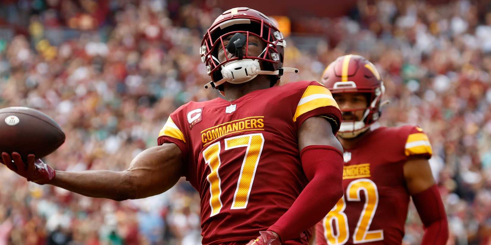 Washington Commanders WR Terry McLaurin throws the football
