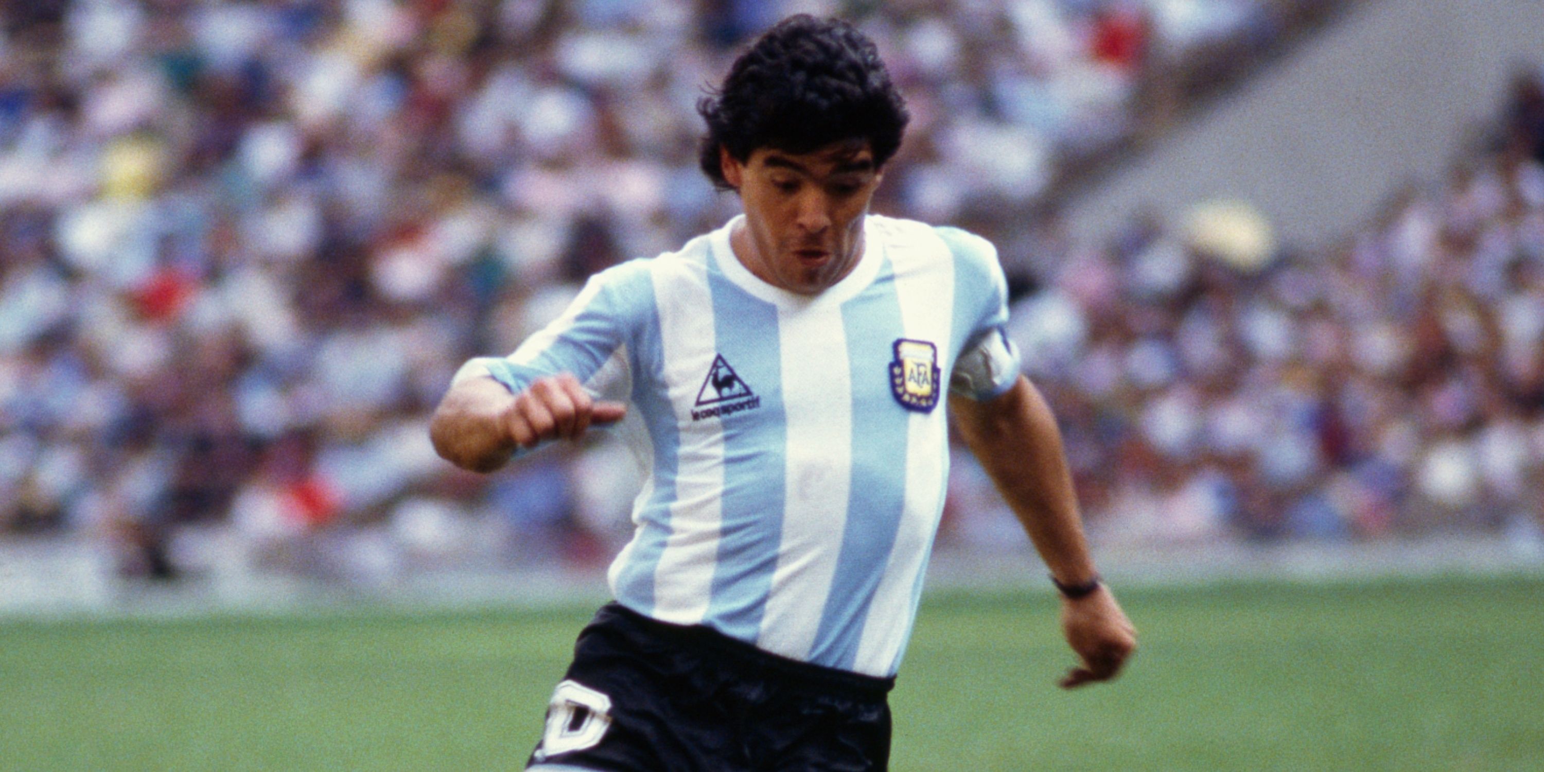 Argentina's Diego Maradona in action during the 1986 World Cup semi-final match against Belgium