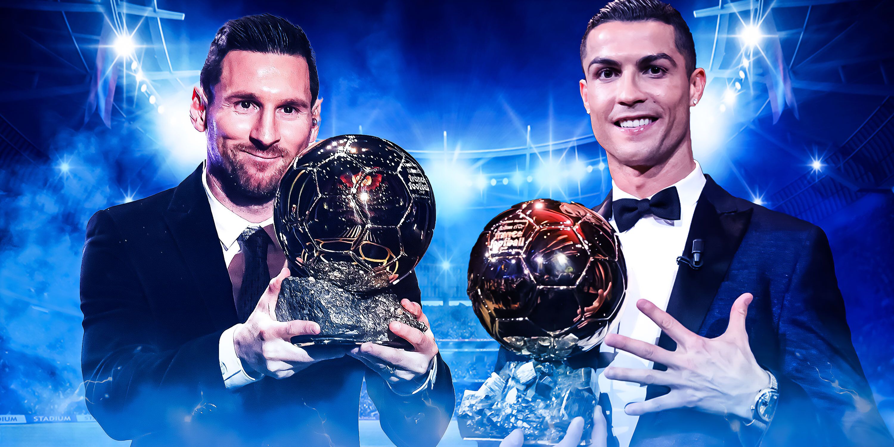 Lionel Messi, Cristiano Ronaldo and the Ballon d'Or trophy.