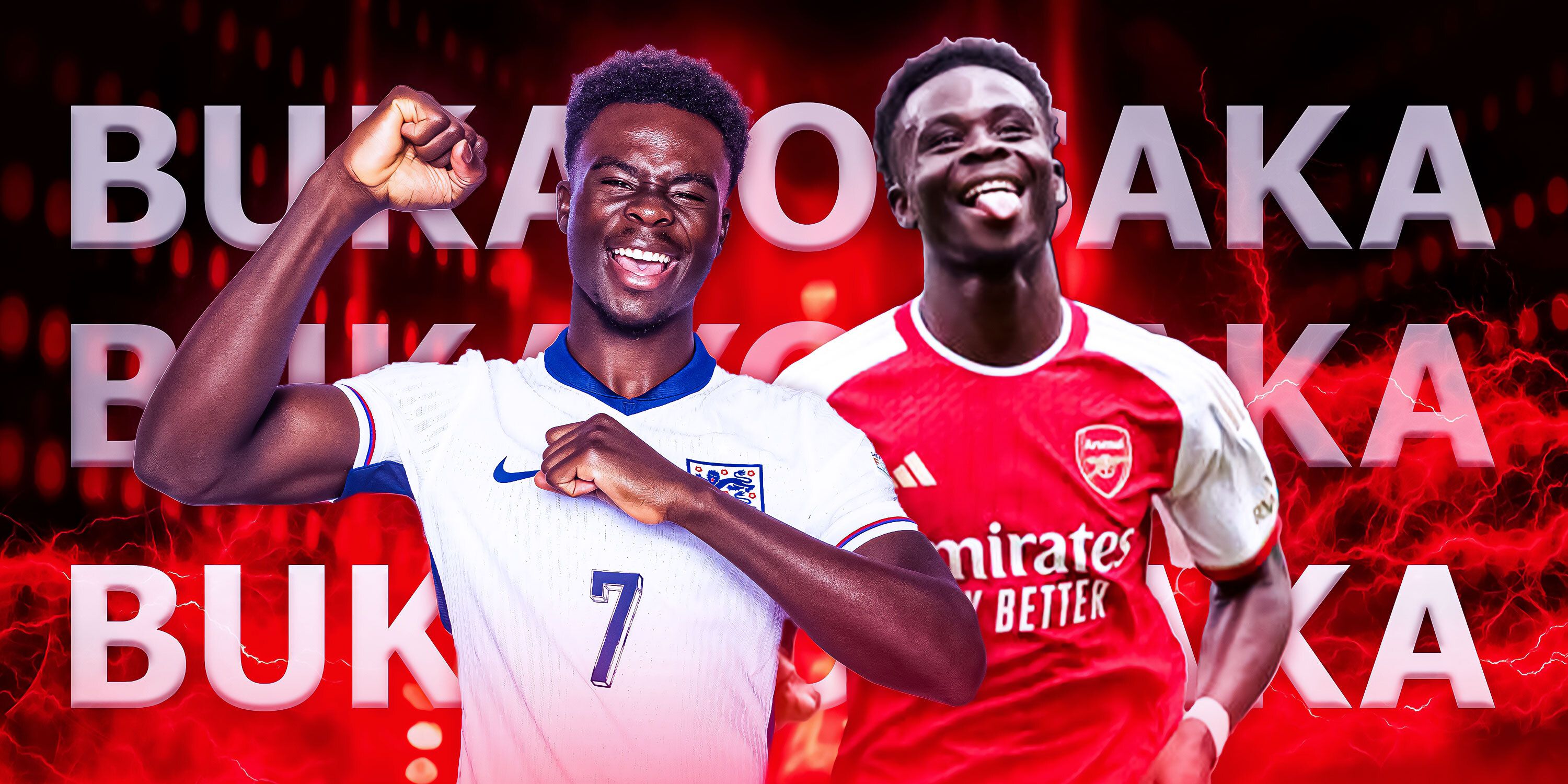 Two pictures of Bukayo Saka smiling, in England and Arsenal kit