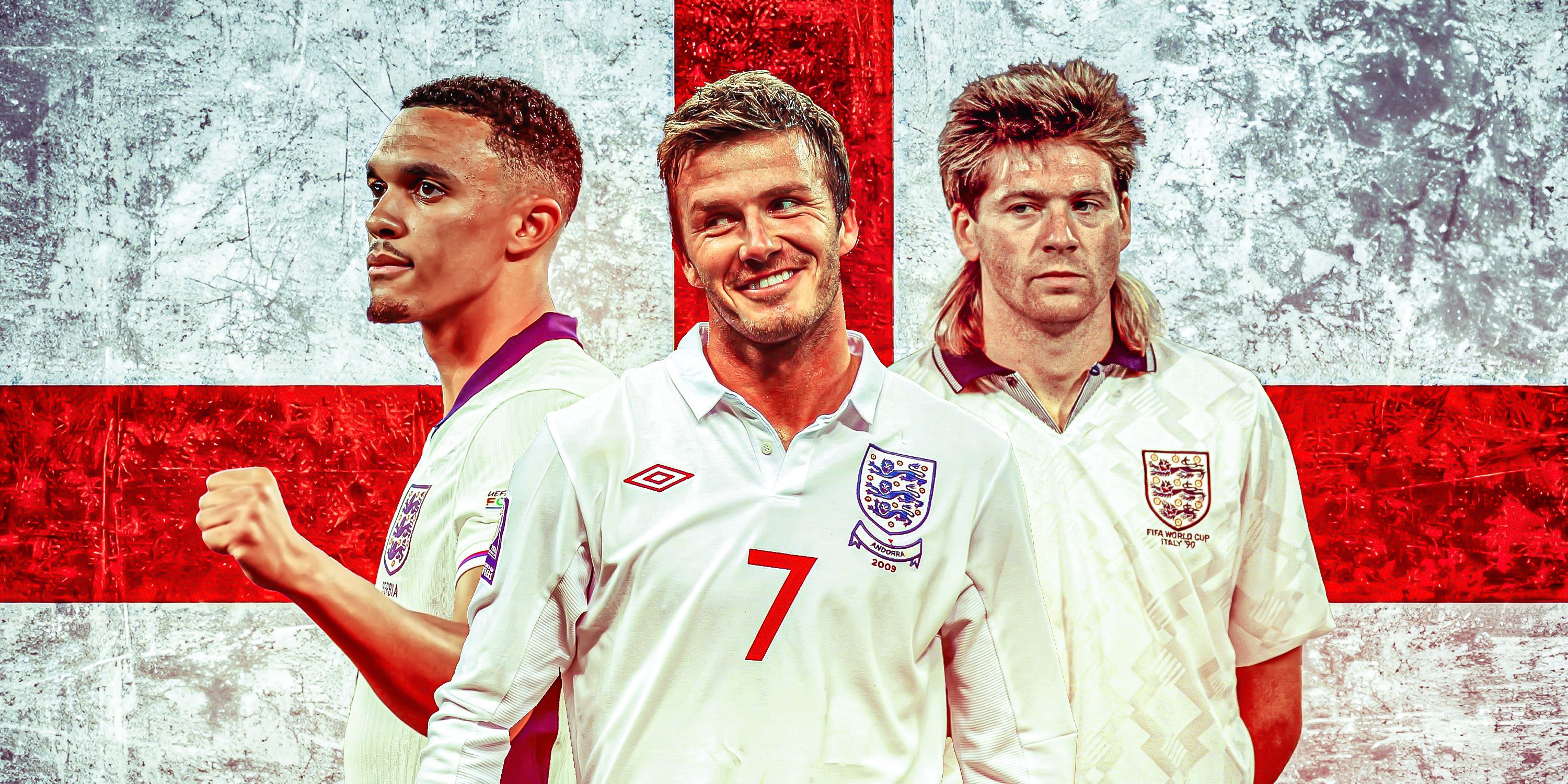 David Beckham with Trent Alexander-Arnold and Chris Waddle all in England kit with England theme