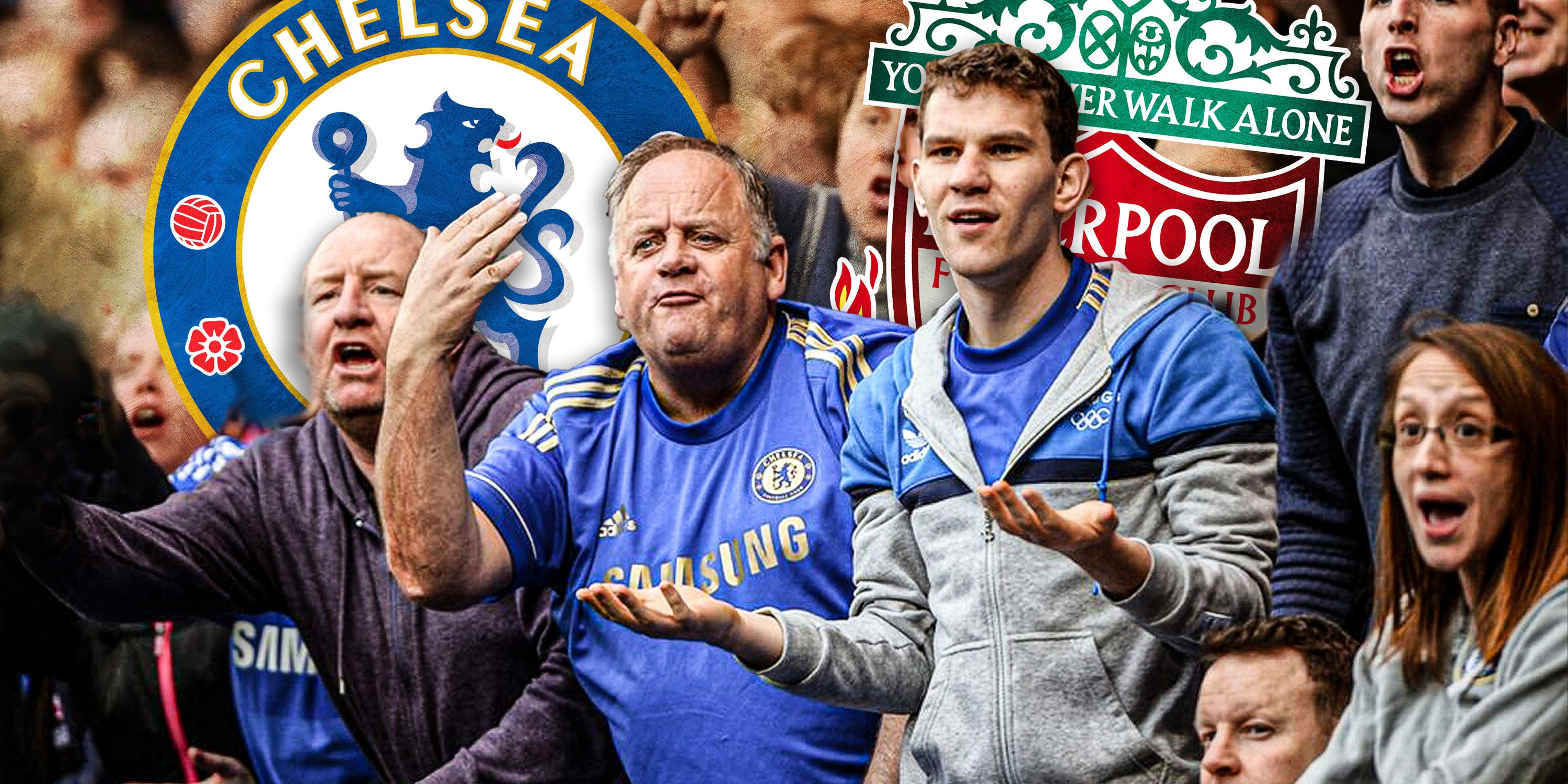 Chelsea fans looking sad/angry with Liverpool and Chelsea logos