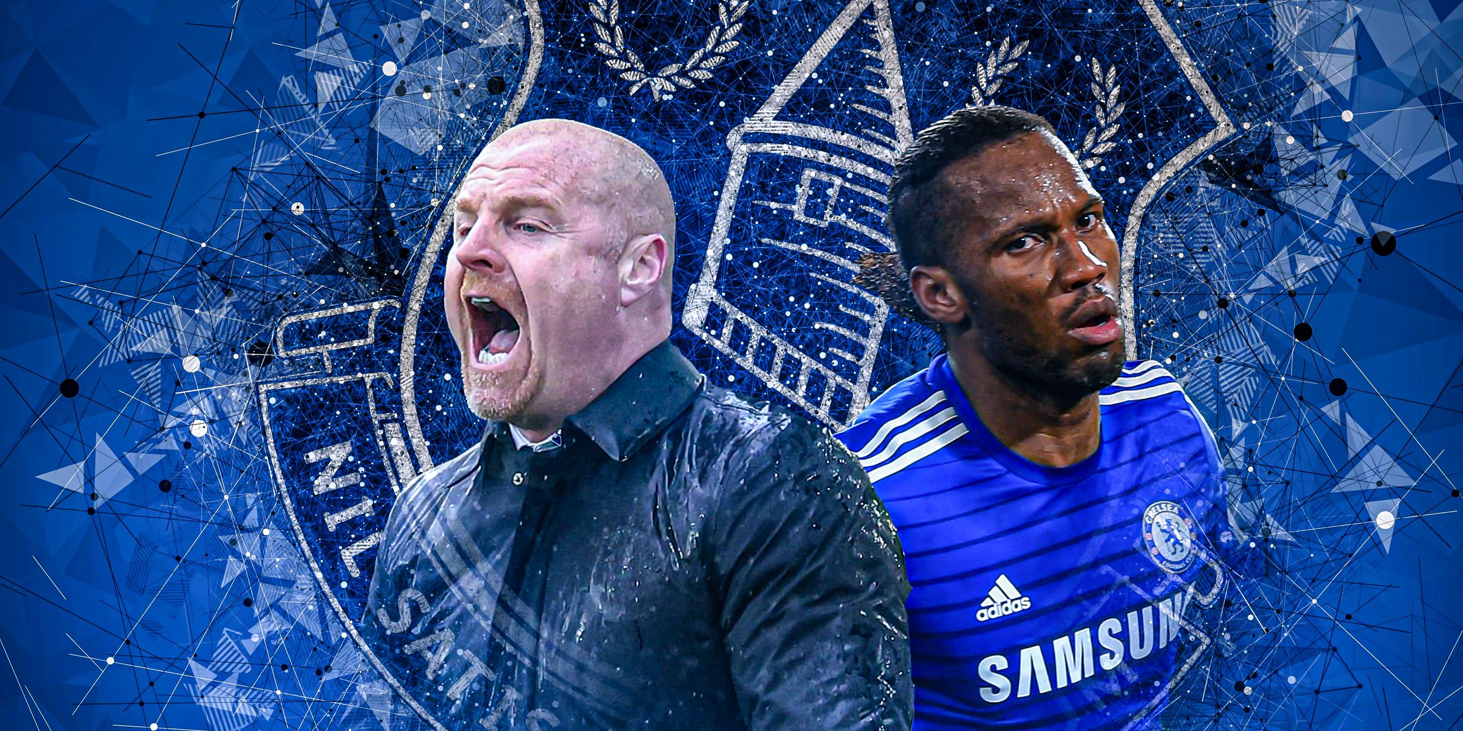 Sean Dyche looking happy with Didier Drogba (at Chelsea) and Everton theme