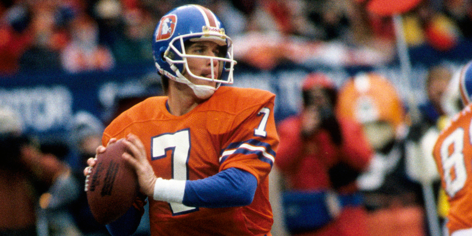 John Elway Throwing For Broncos in legendary Helmet