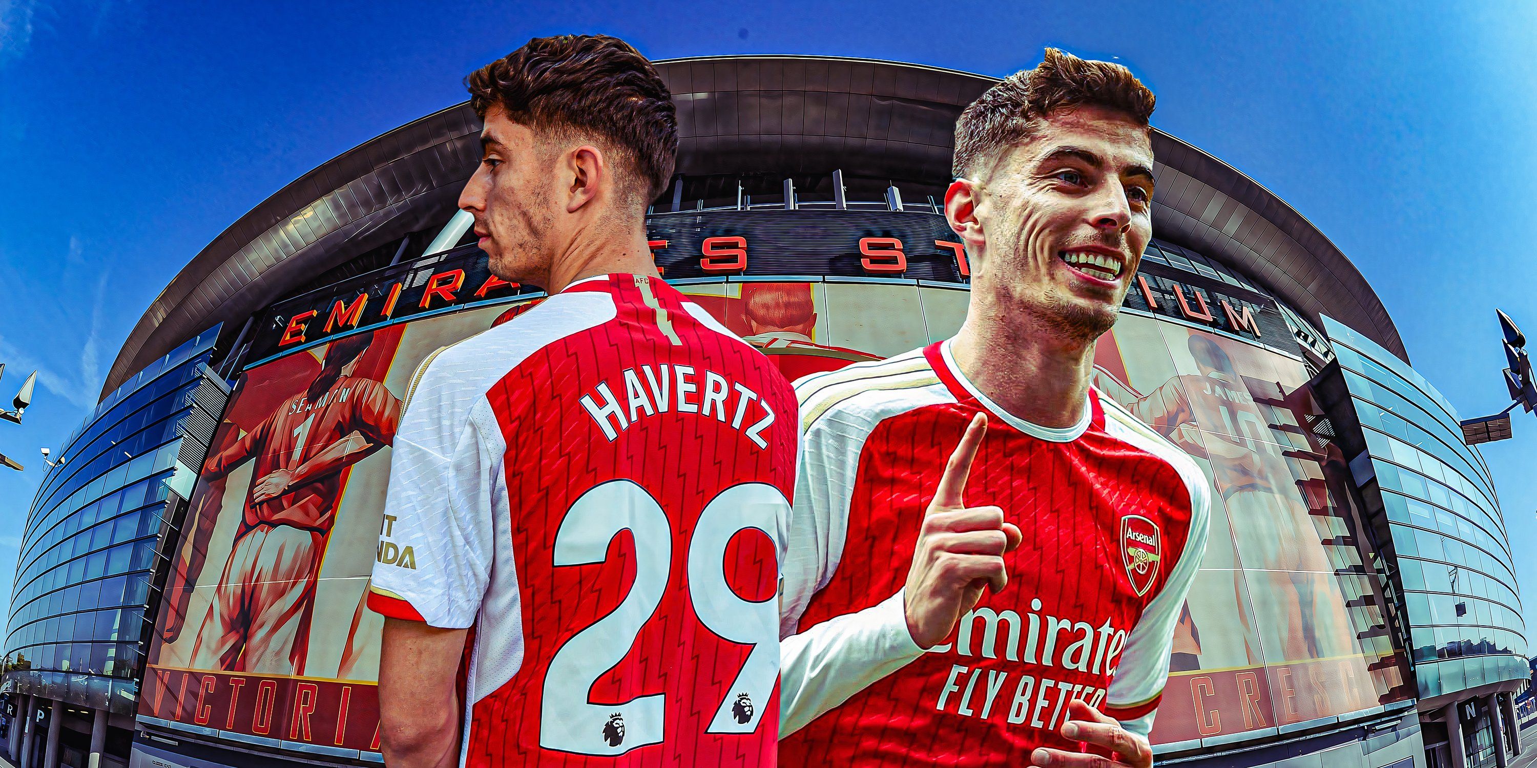 A custom image of Kai Havertz in front of the Emirates Stadium