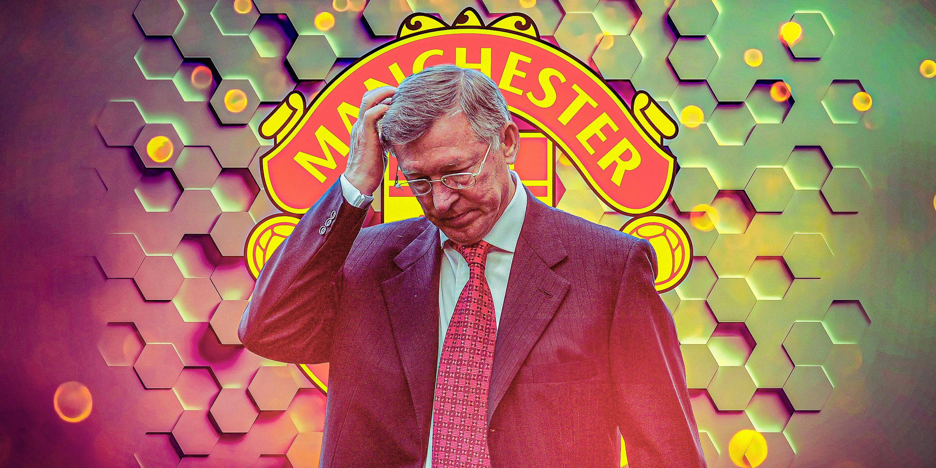 Sir Alex Ferguson with head in his hands and Man Utd logo/theme