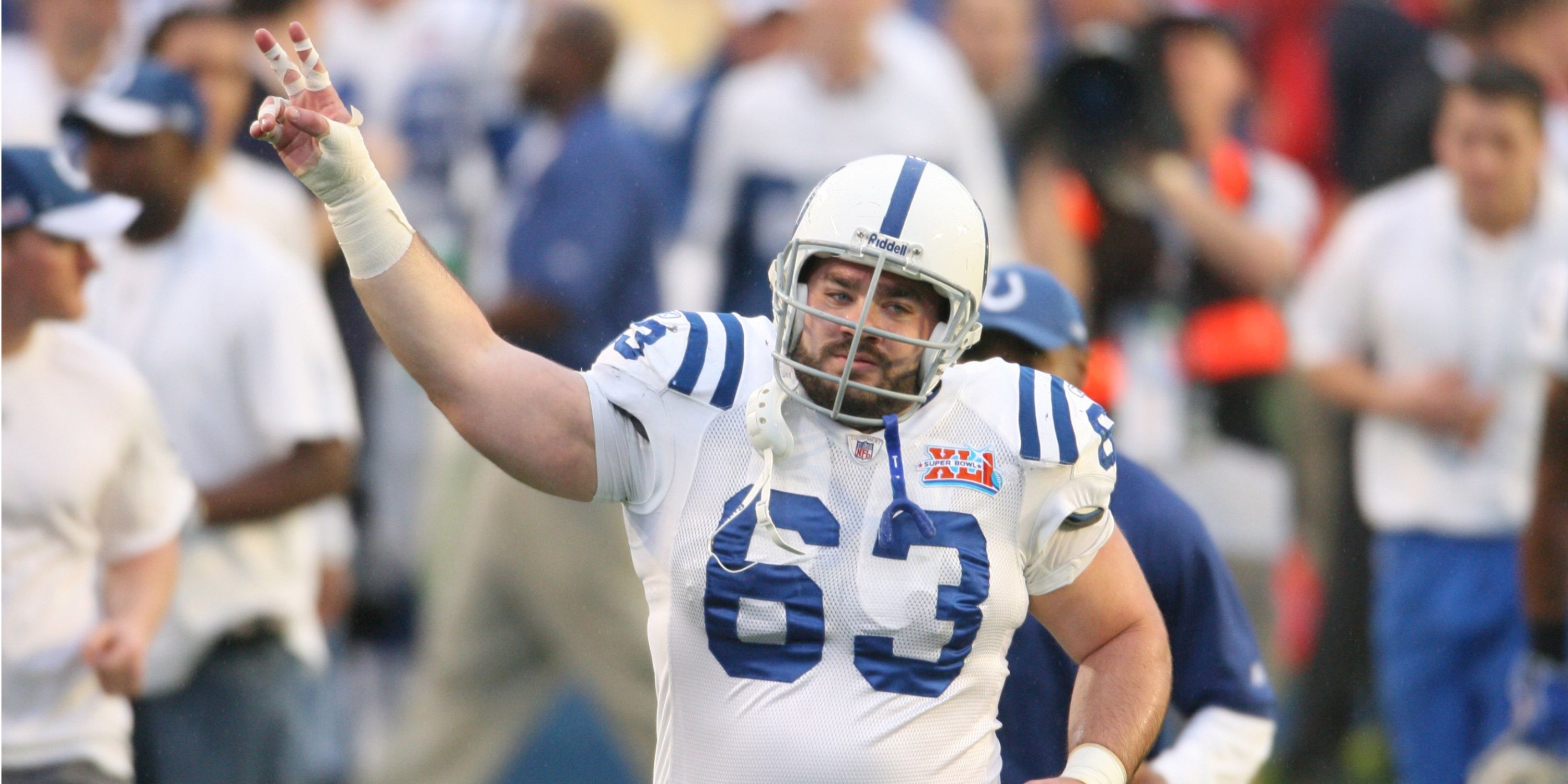 Indianapolis Colts Center Jeff Saturday running out of the tunnel before the Super Bowl