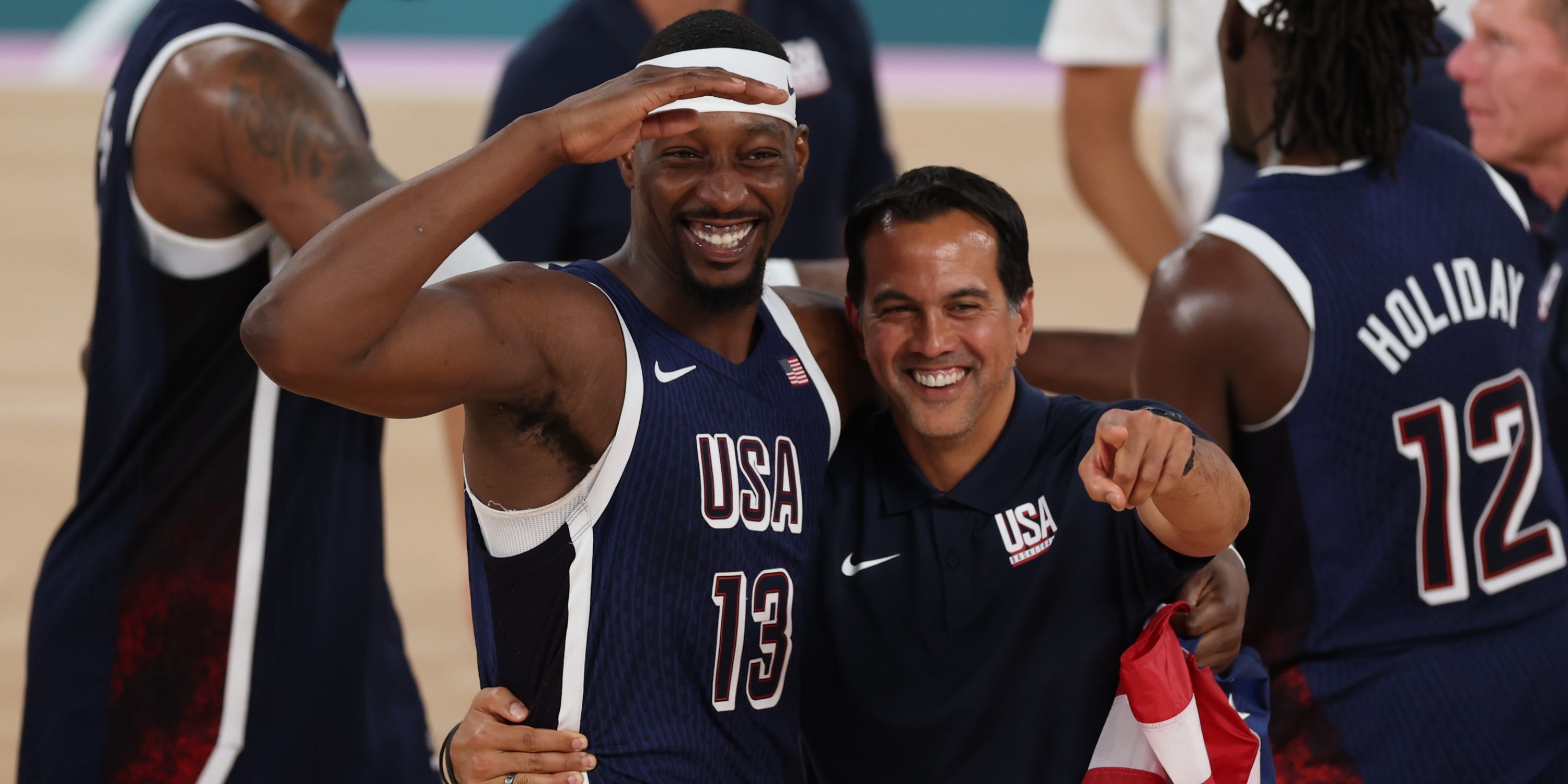 Bam Adebayo and Erik Spoelstra of Team USA salute the crowd