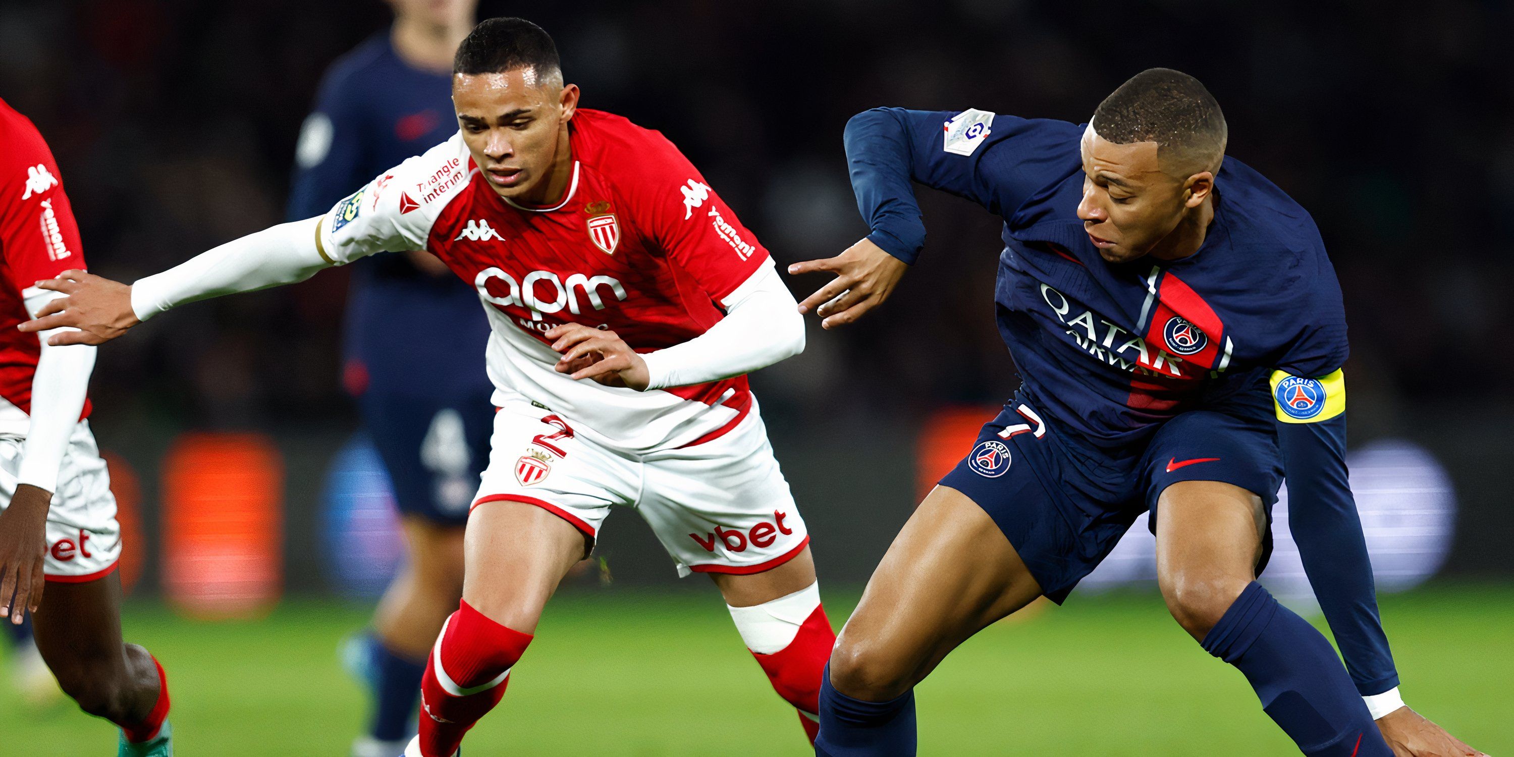 Monaco right-back Vanderson battling with Kylian Mbappe for possession