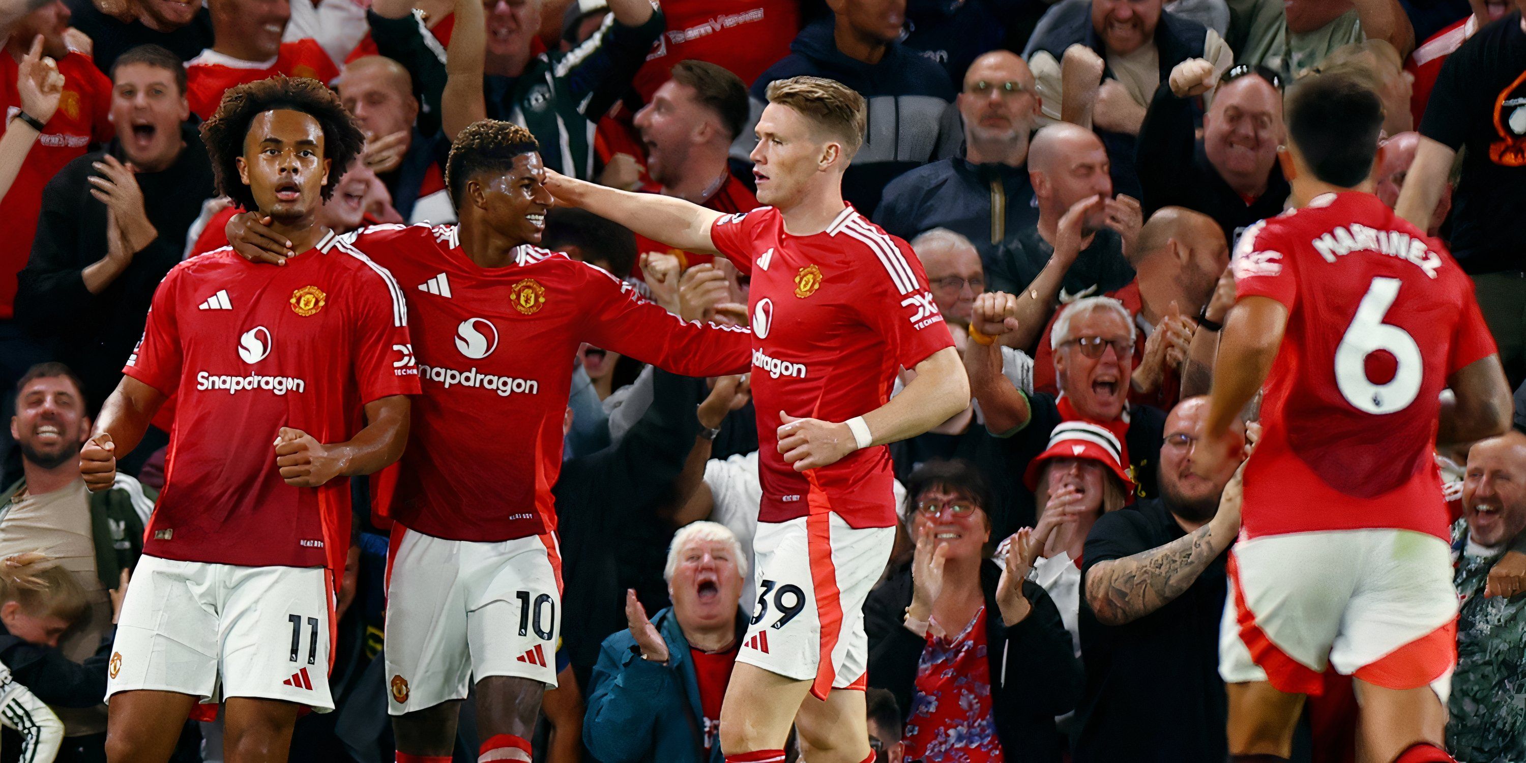 Manchester United's Joshua Zirkzee celebrates scoring their first goal with Scott McTominay and Marcus Rashford