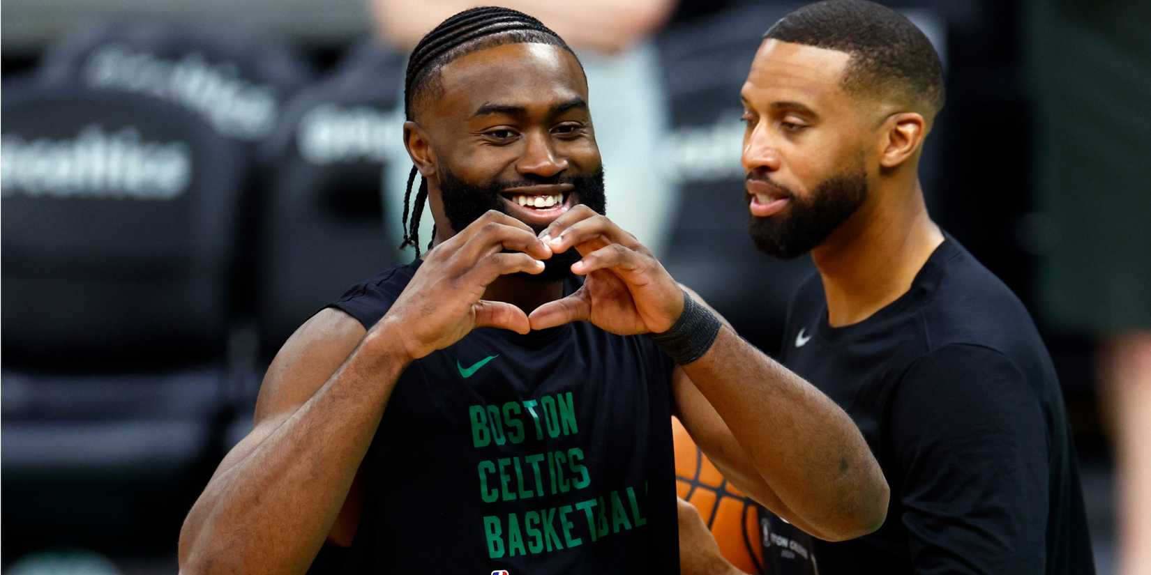 Jaylen Brown of the Boston Celtics warms up before an NBA game