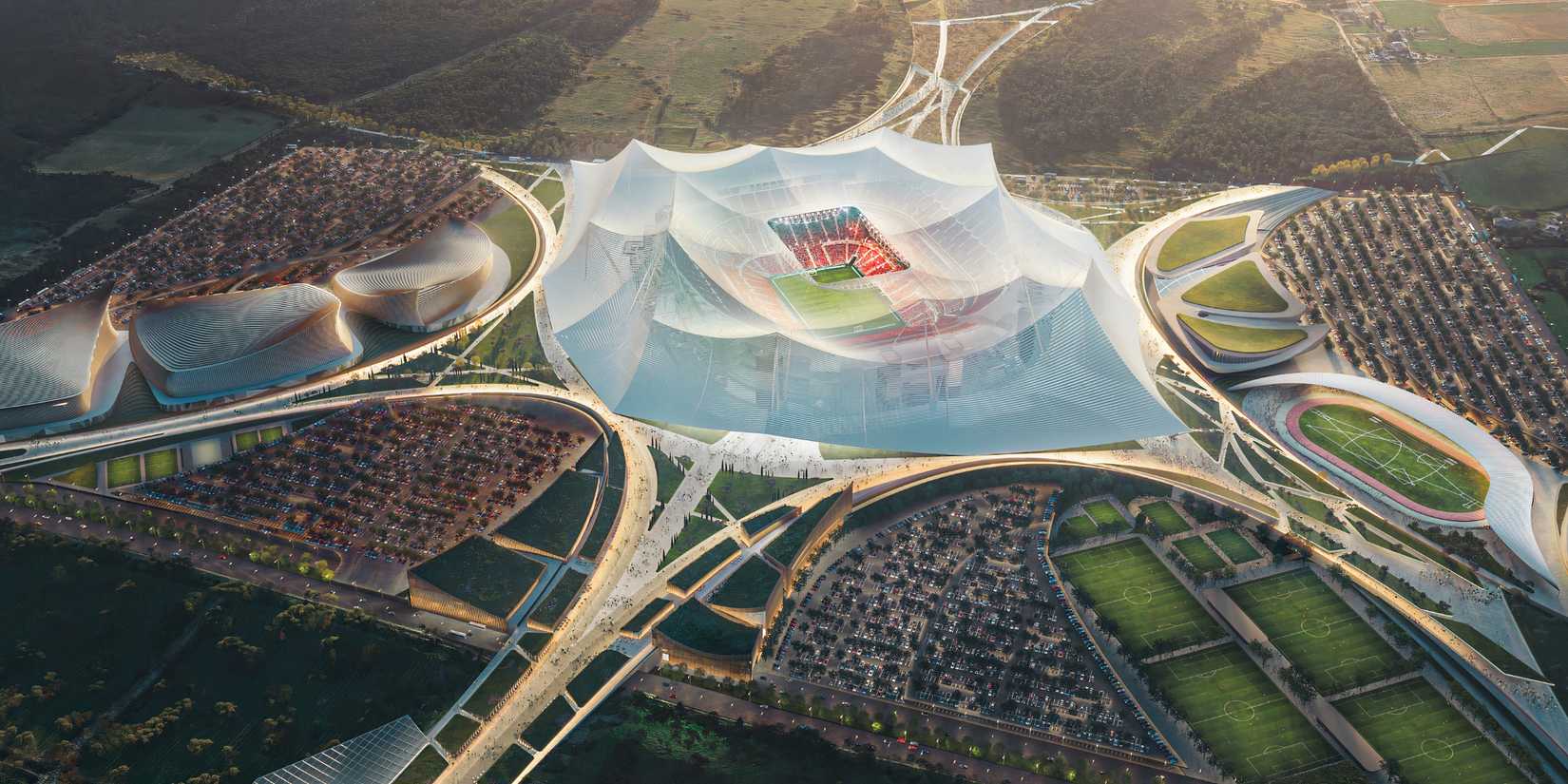 In this handout image from Populous, digital renderings of the proposed Stade Hassan II stadium in Morocco, projected to be the largest football stadium in the world with 115,000 capacity