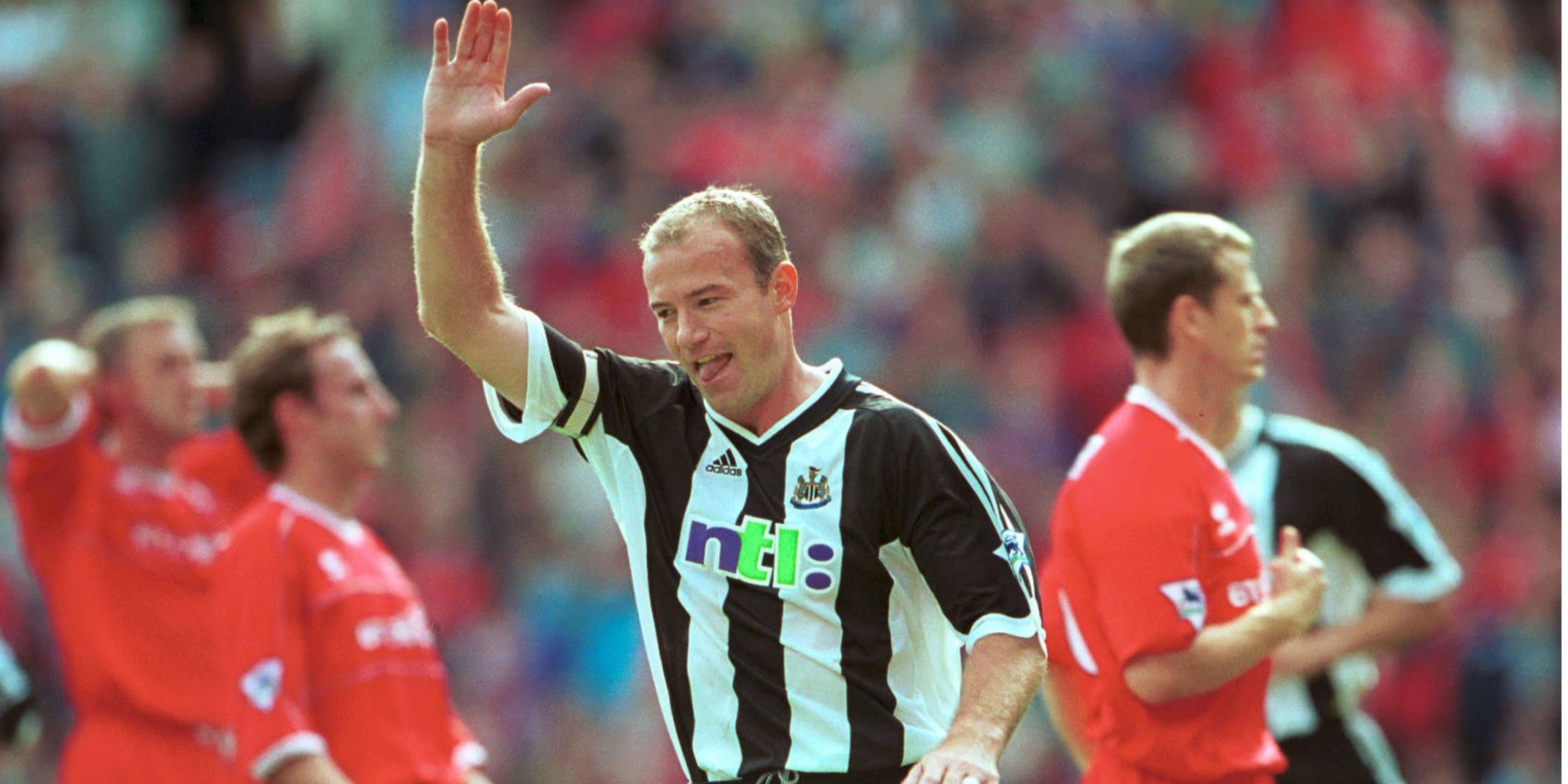 Alan Shearer celebrating a goal with Newcastle United