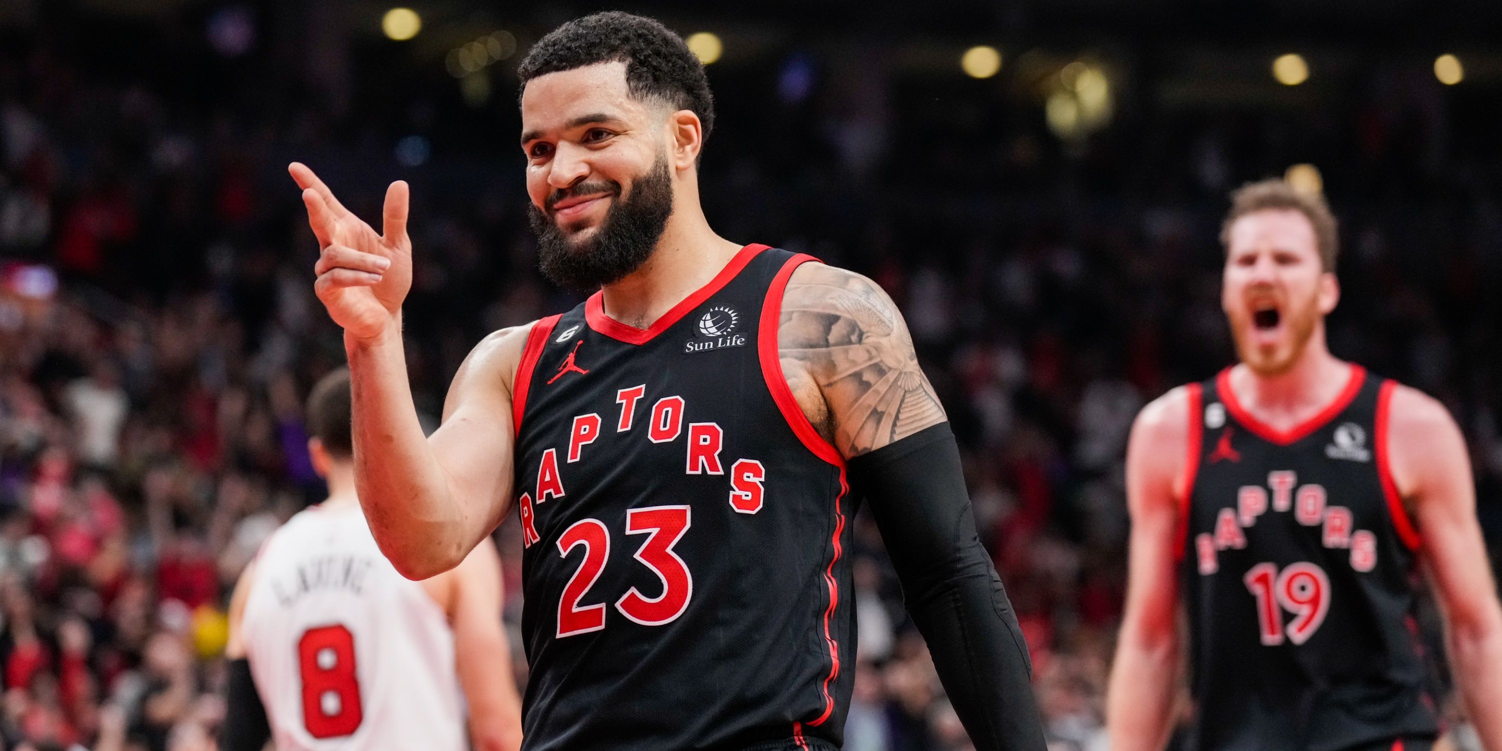 Fred VanVleet of the Toronto Raptors reacts to a play
