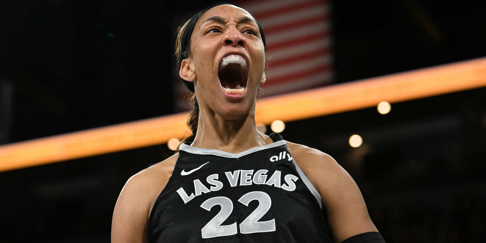 A'Ja Wilson of the Las Vegas Aces reacts to a play during a WNBA game.
