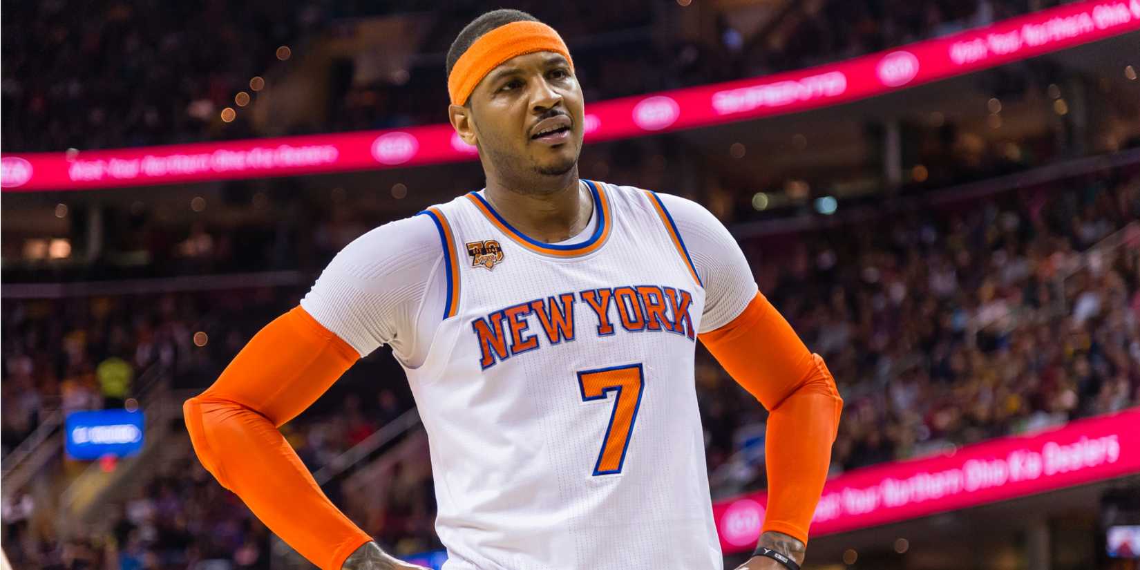 Carmelo Anthony of the New York Knicks reacts to a play during an NBA game.