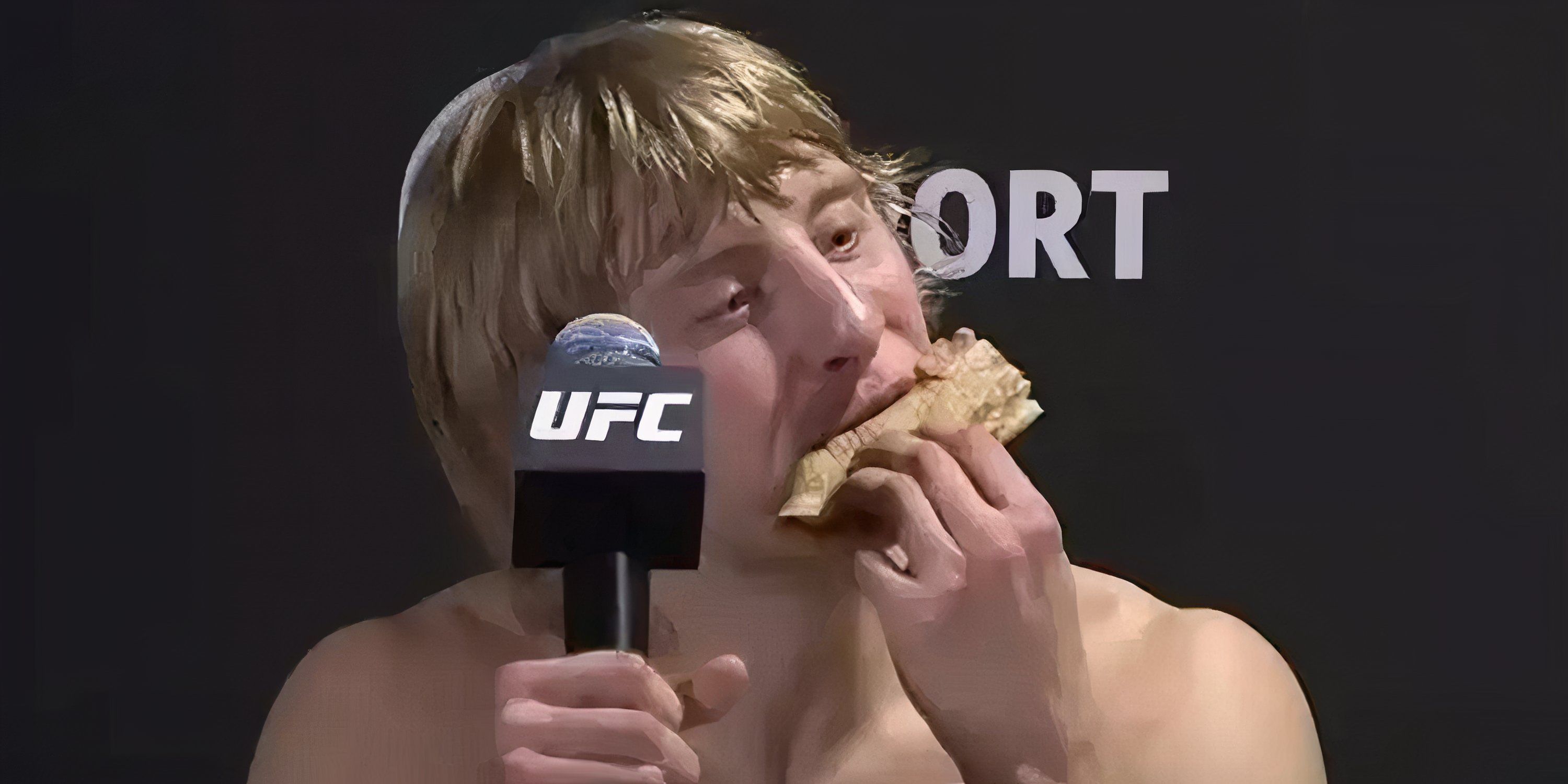 Paddy Pimblett eats pizza at a UFC press conference