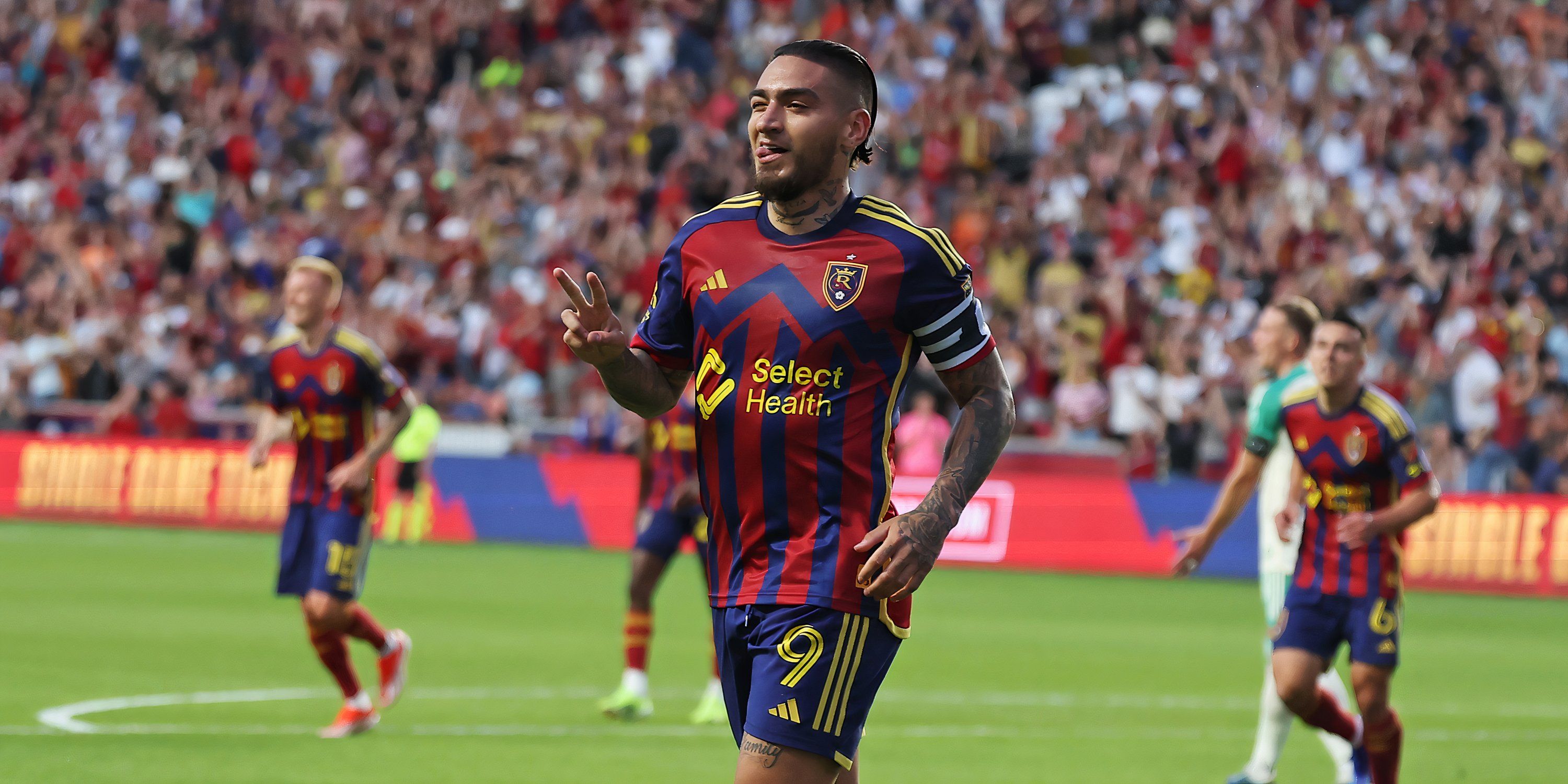 Real Salt Lake forward Cristian Arango (9) celebrates after scoring a goal during the second half Austin FC at America First Field