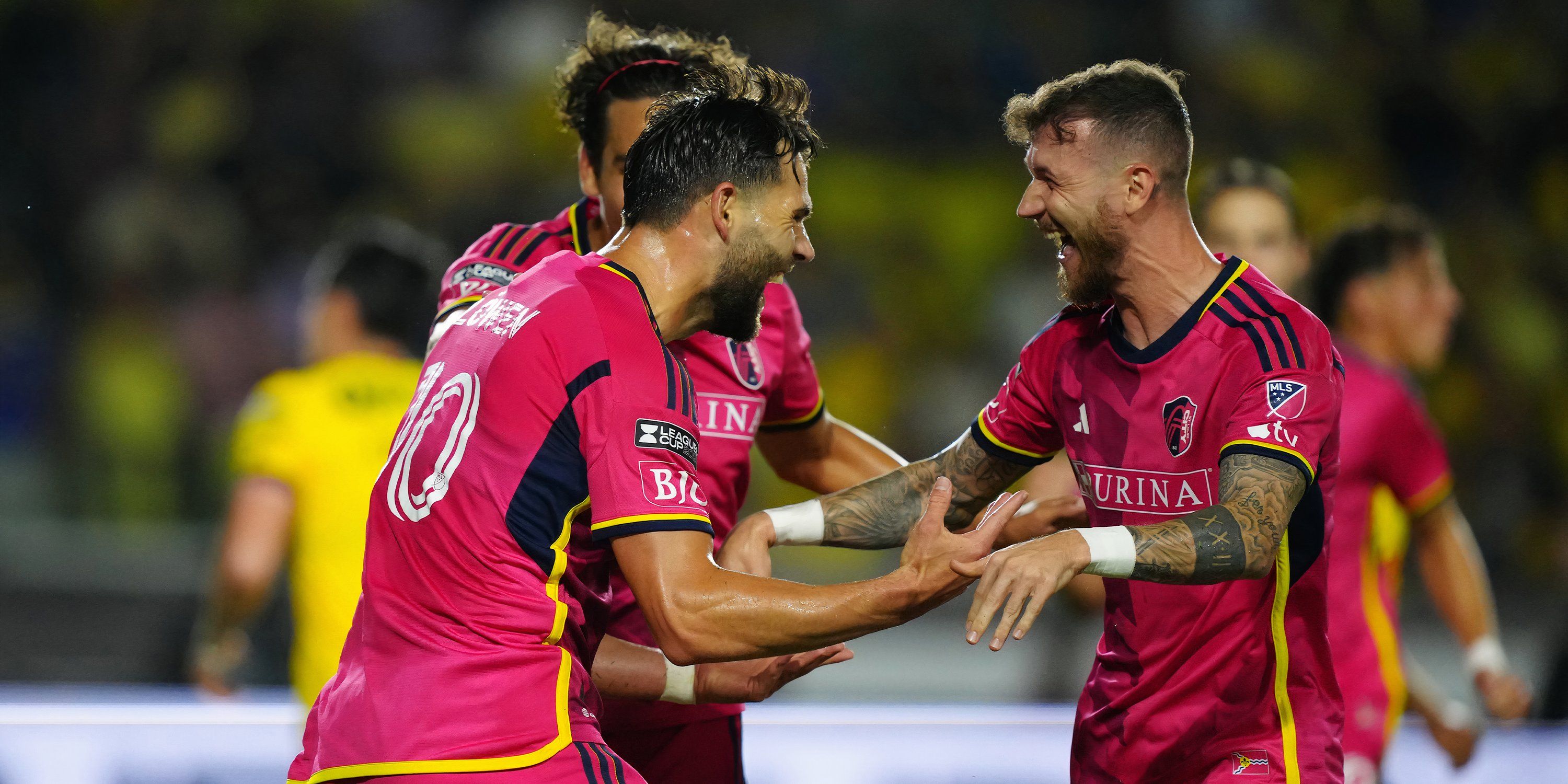 St. Louis CITY SC midfielder Eduard Lowen (10) and Marcel Hartel (17) celebrate after a goal against Club America in the second half at Dignity Health Sports Park. Mandatory Credit- Kirby Lee-USA TODAY Sports