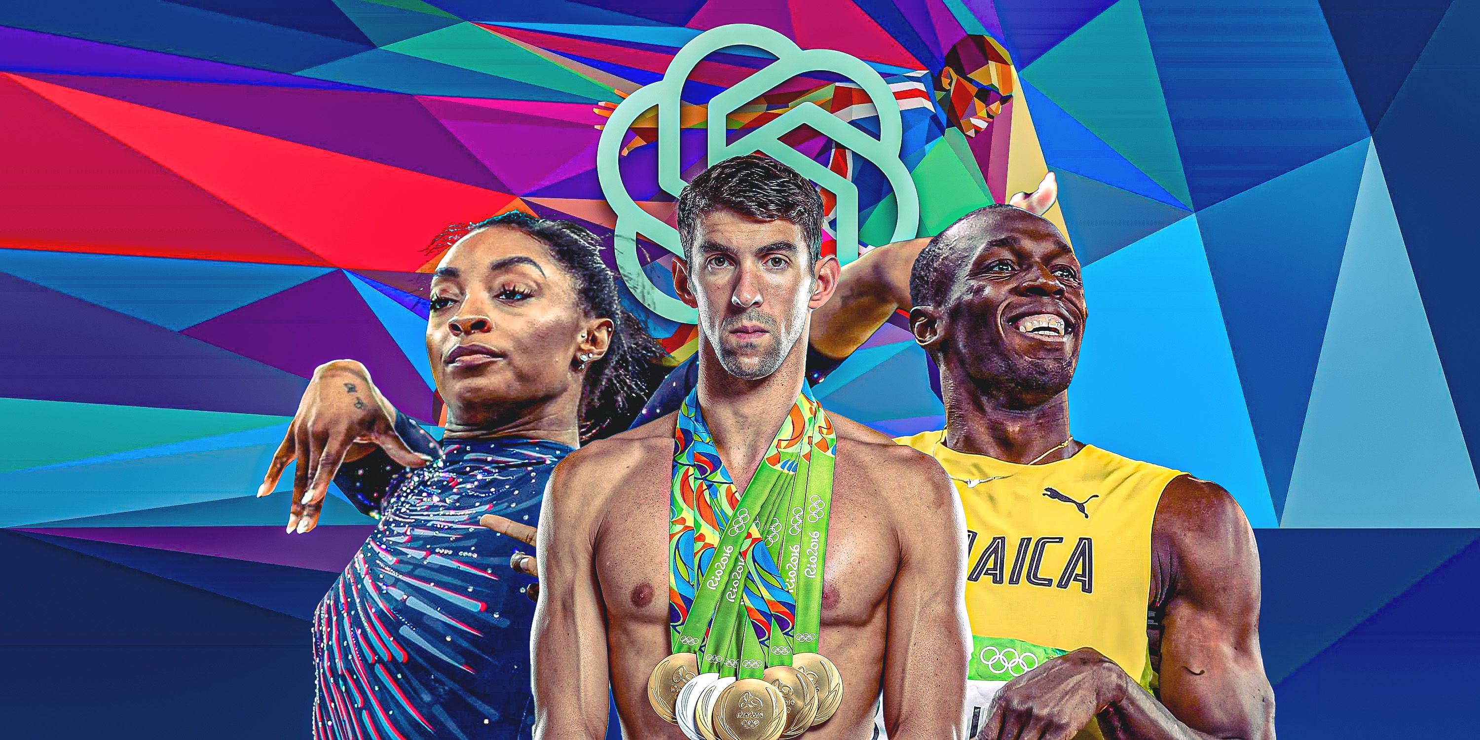 Usain Bolt, Michael Phelps, Simone Biles With Olympic theme and Chat GPT logo