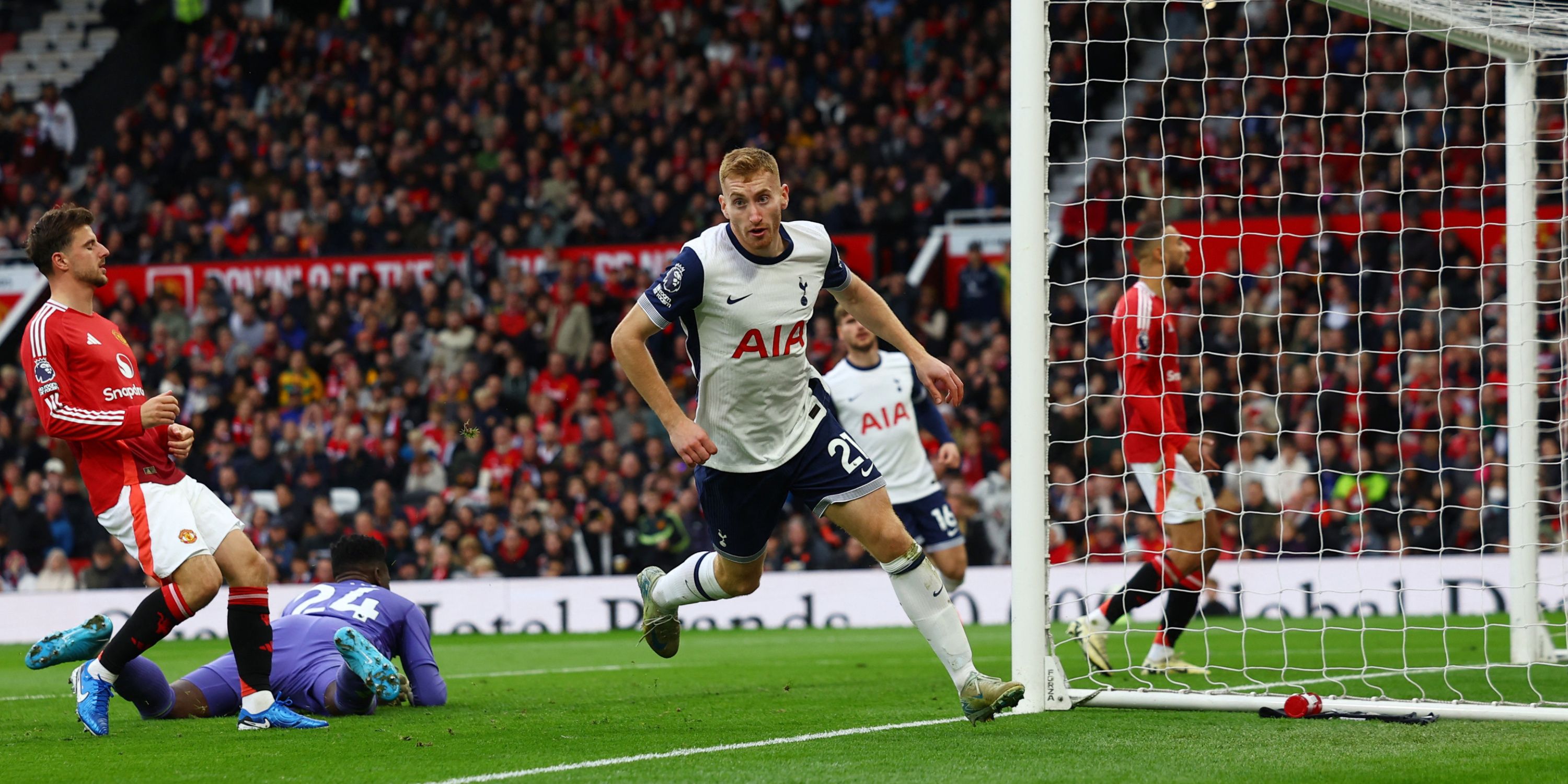 Dejan Kulusevski celebrates for Tottenham against Manchester United