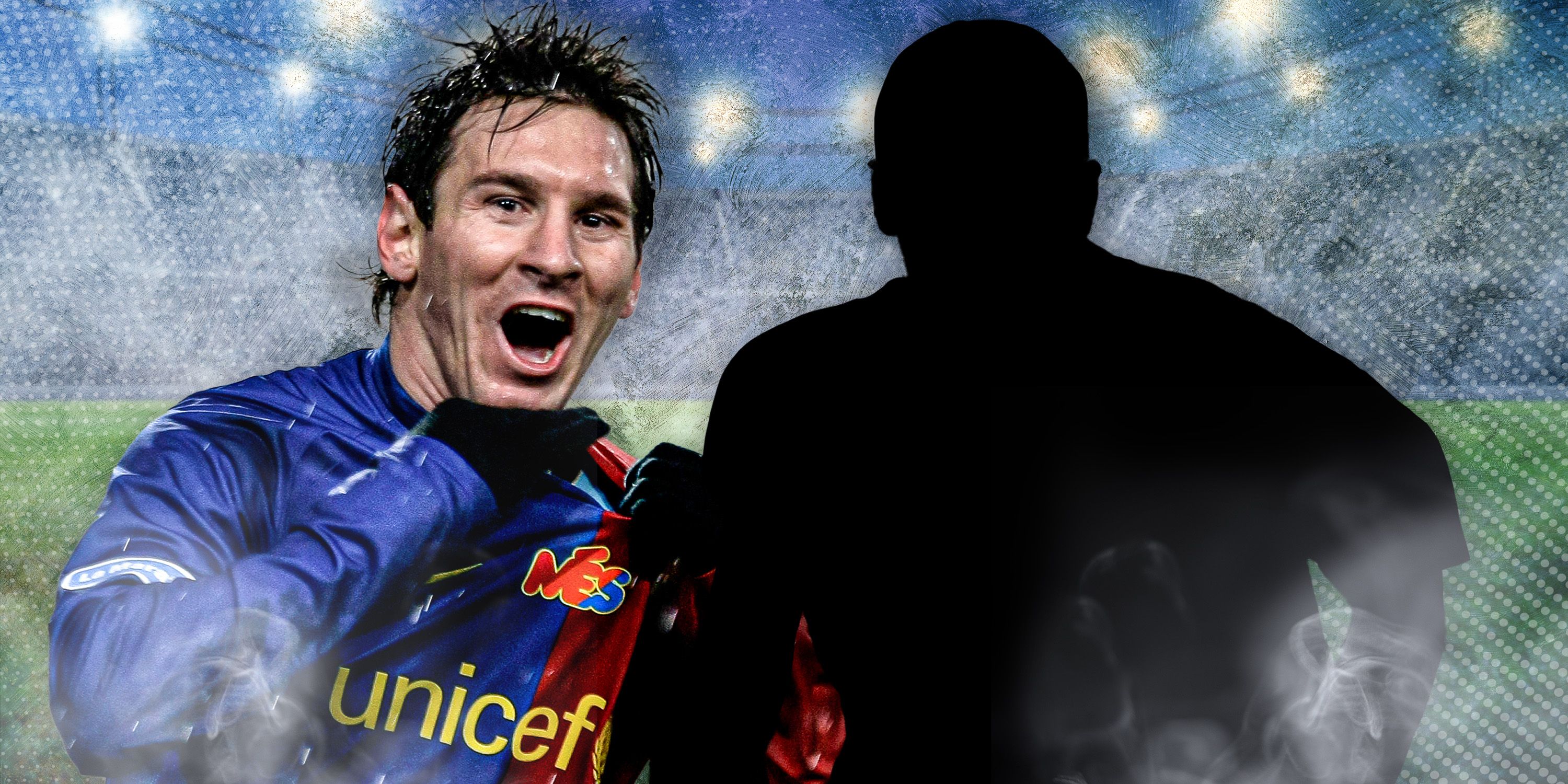 Lionel Messi and the silhouette of Zinedine Zidane.