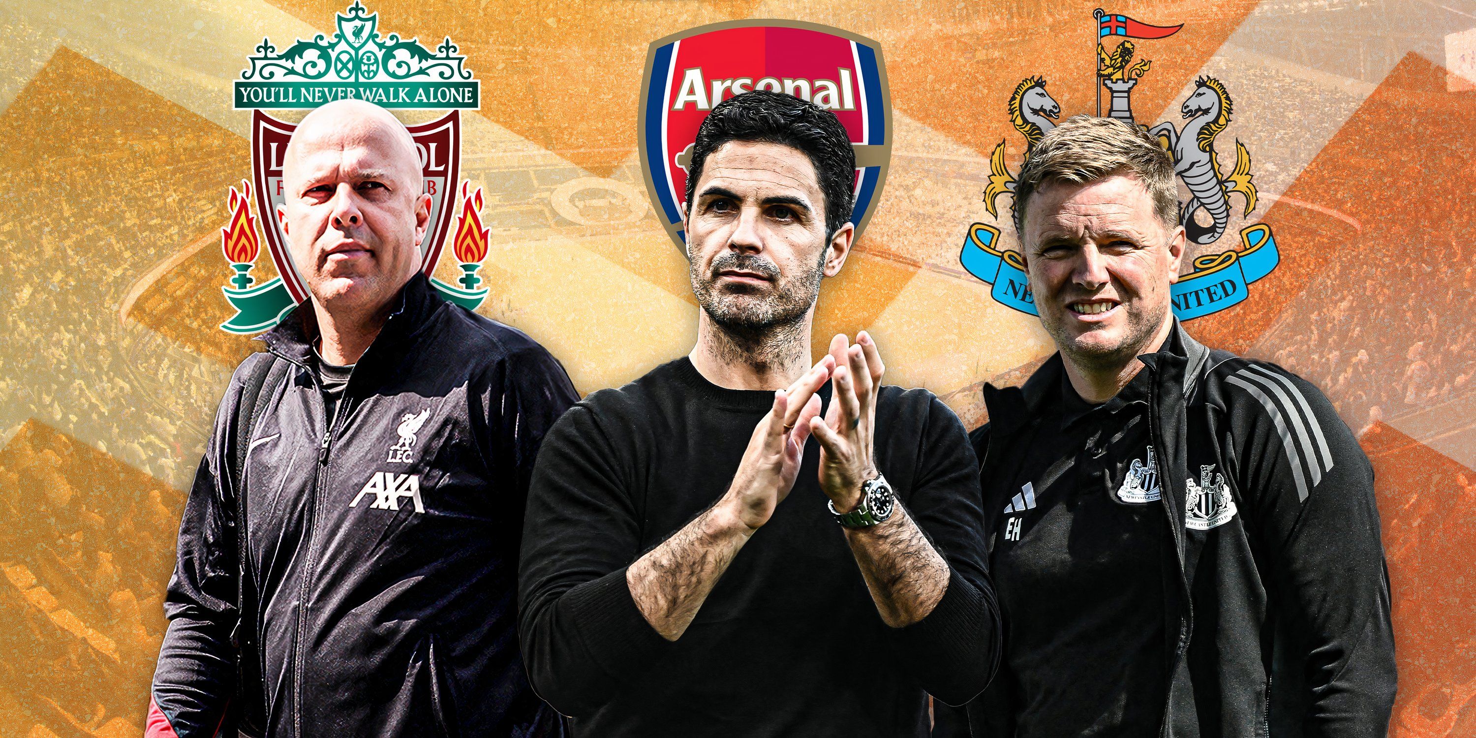 Liverpool boss Arne Slot, Arsenal head coach Mikel Arteta and Newcastle United chief Eddie Howe