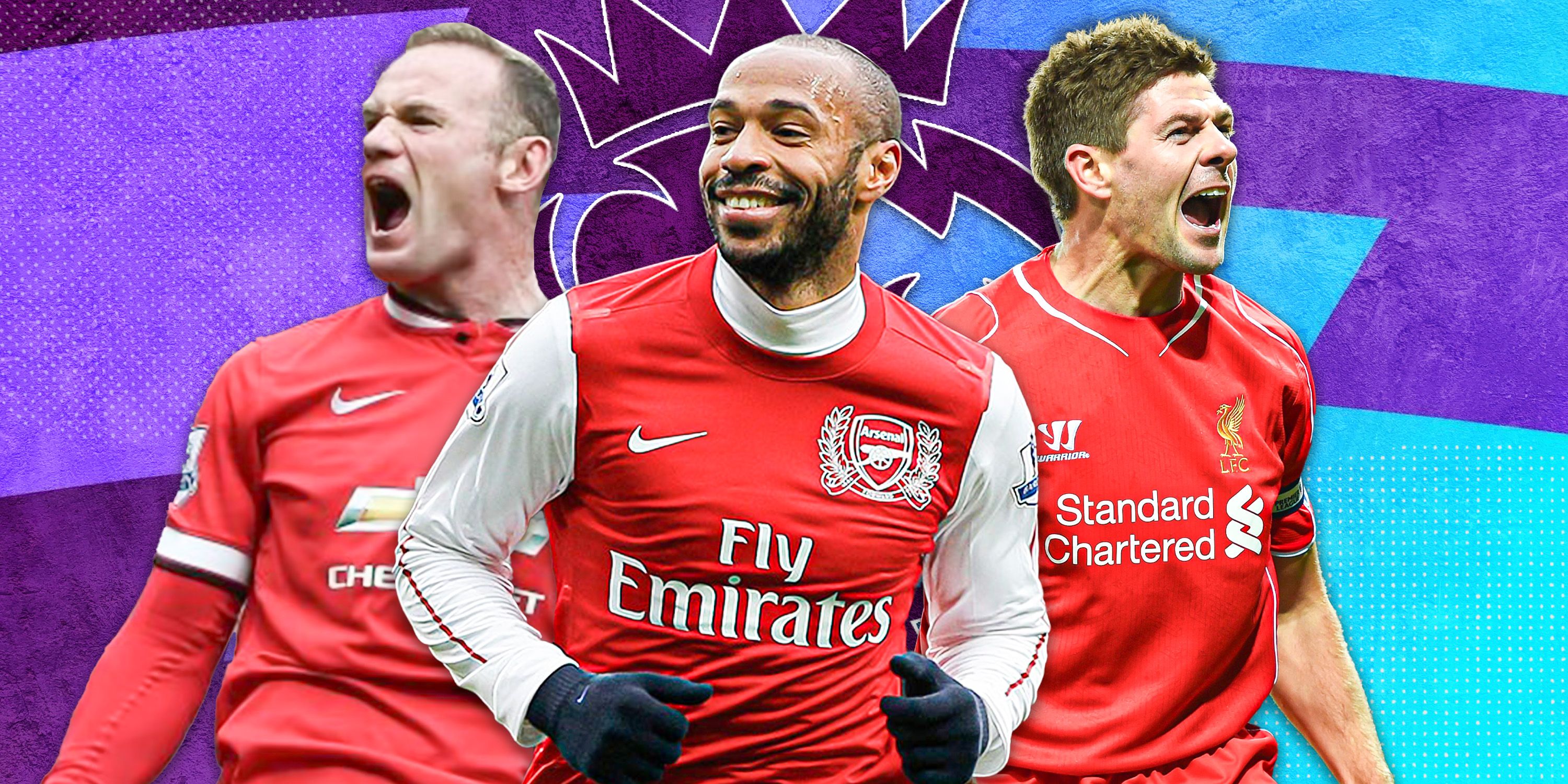 Wayne Rooney, Thierry Henry and Steven Gerrard celebrating in a collage.