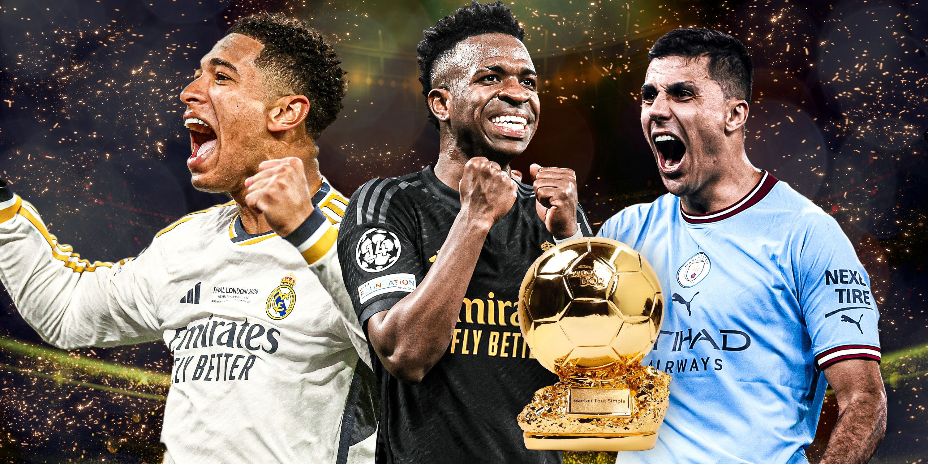 Ballon d'Or Power Rankings graphic showing Bellingham, Vinicius and Rodri with the Ballon d'Or