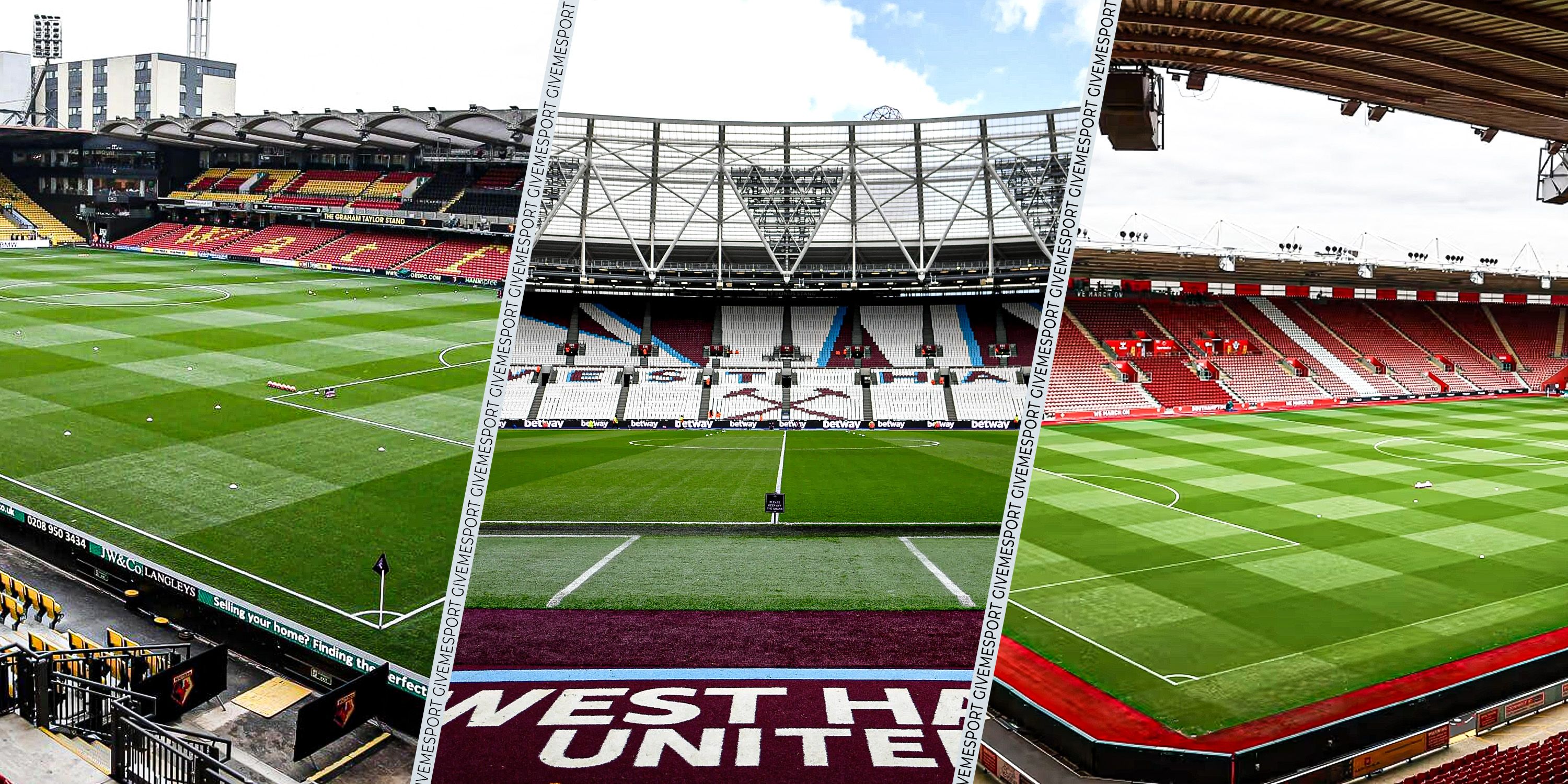 A three way split showing Vicarage Road of Watford, St. Mary's Stadium of Southampton, and London Stadium of West Ham United