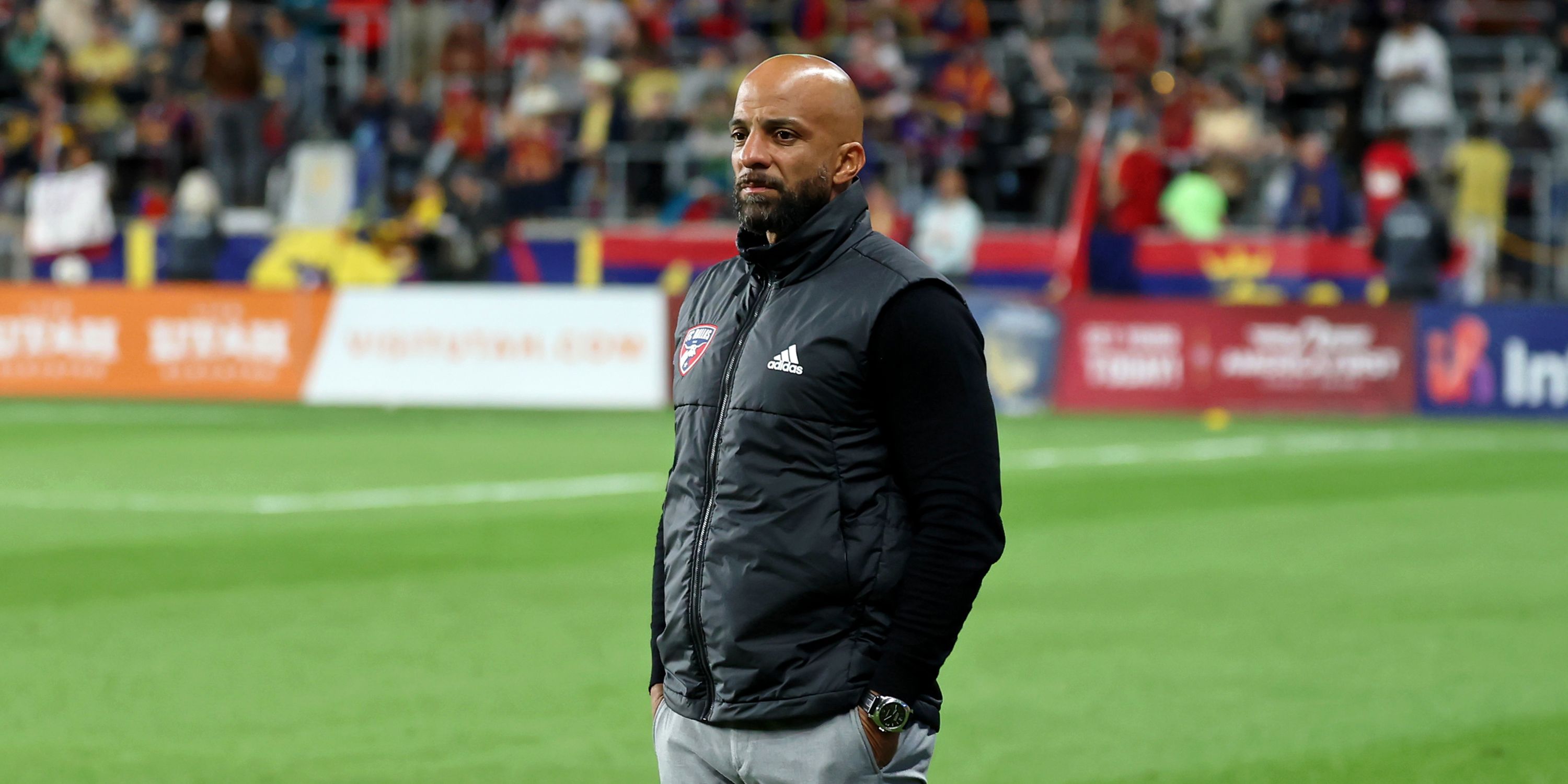 FC Dallas interim head coach Peter Luccin looks on from the touchline