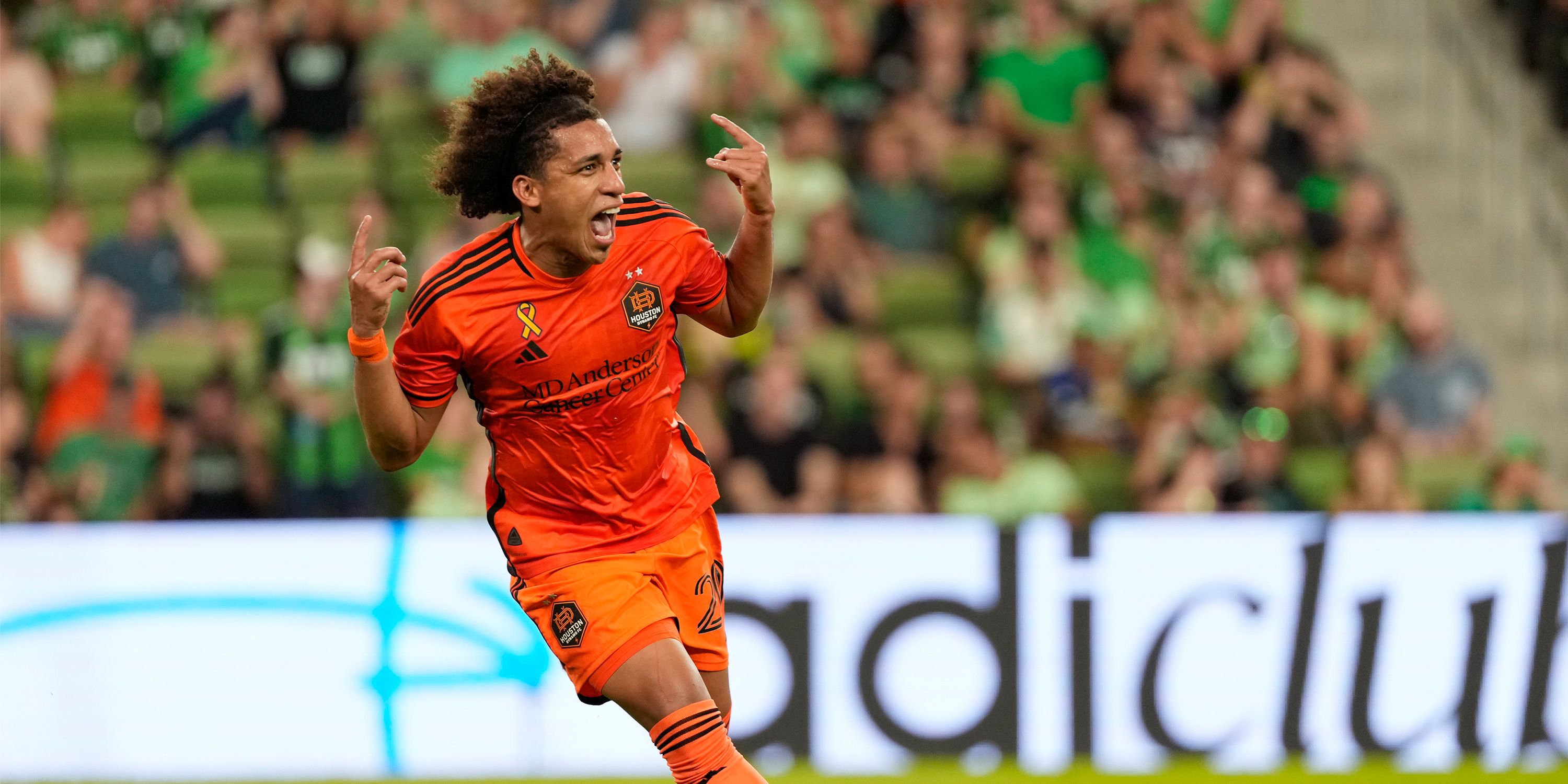 Houston Dynamo's Coco Carrasquilla celebrates a goal against Austin FC