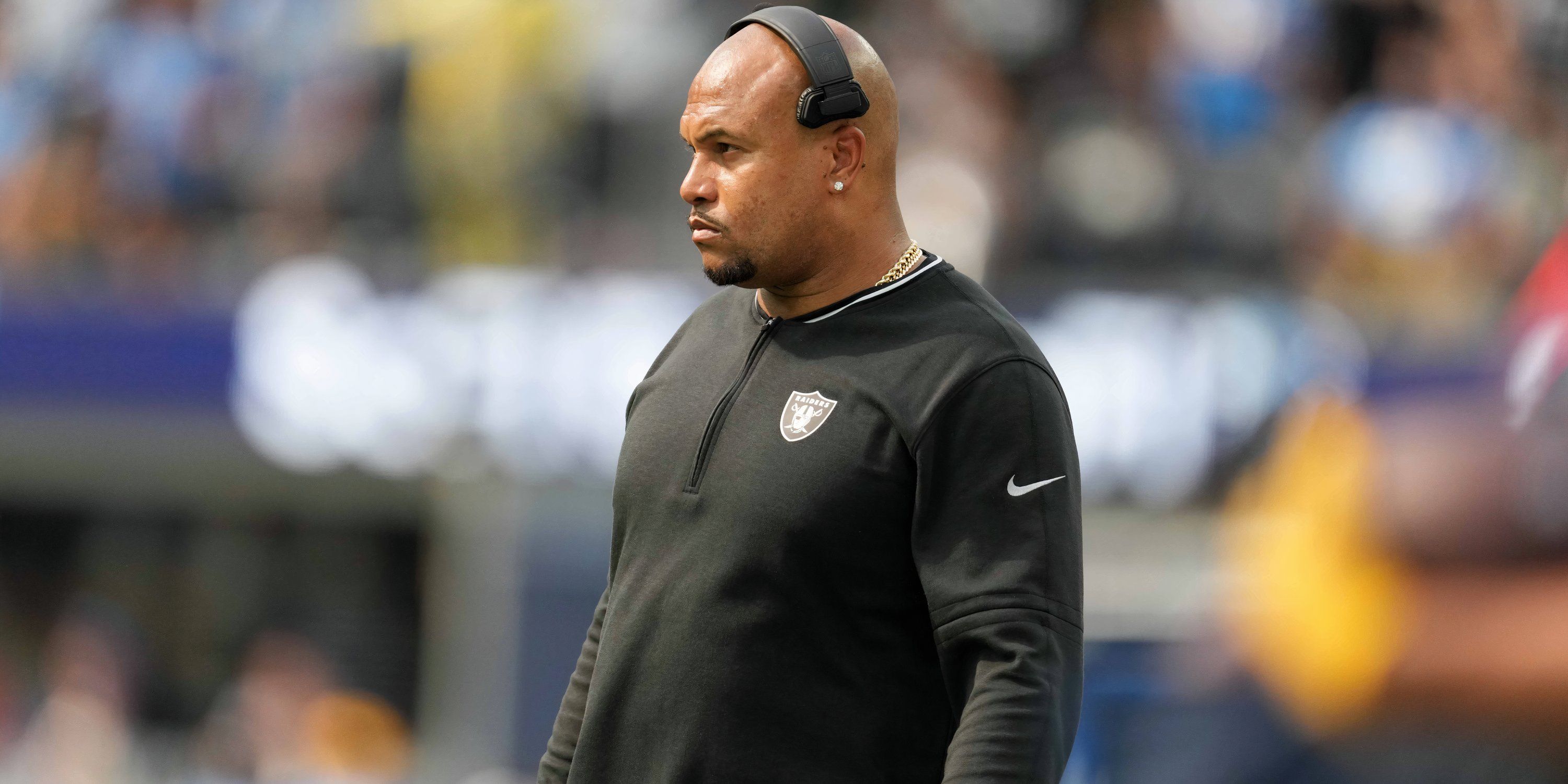 Las Vegas Raiders coach Antonio Pierce watches from the sidelines in the second half against the Los Angeles Chargers at SoFi Stadium