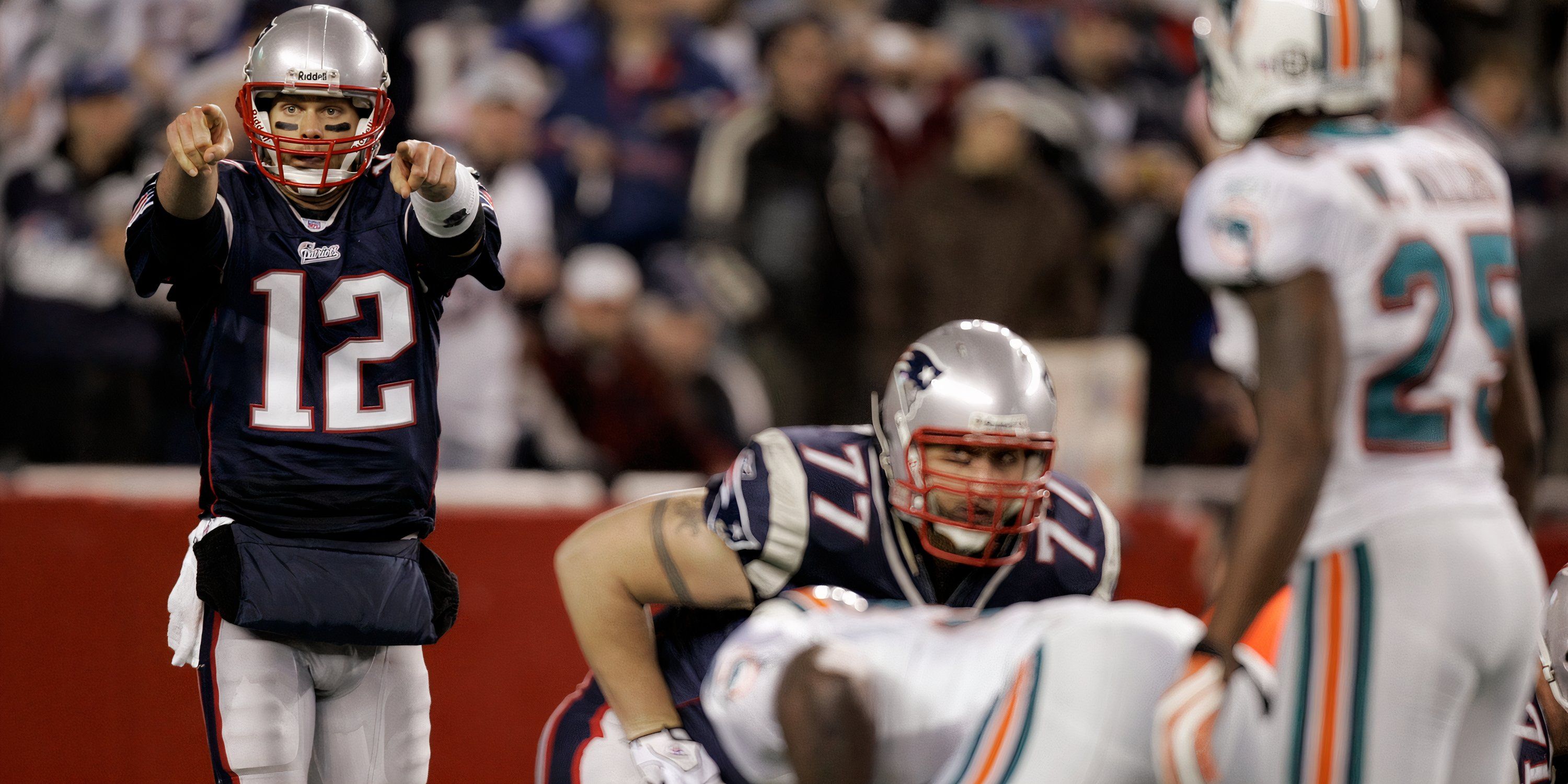 New England Patriots quarterback Tom Brady (12) calls out a play against the Miami Dolphins in the 3rd quarter at Gillette Stadium. 