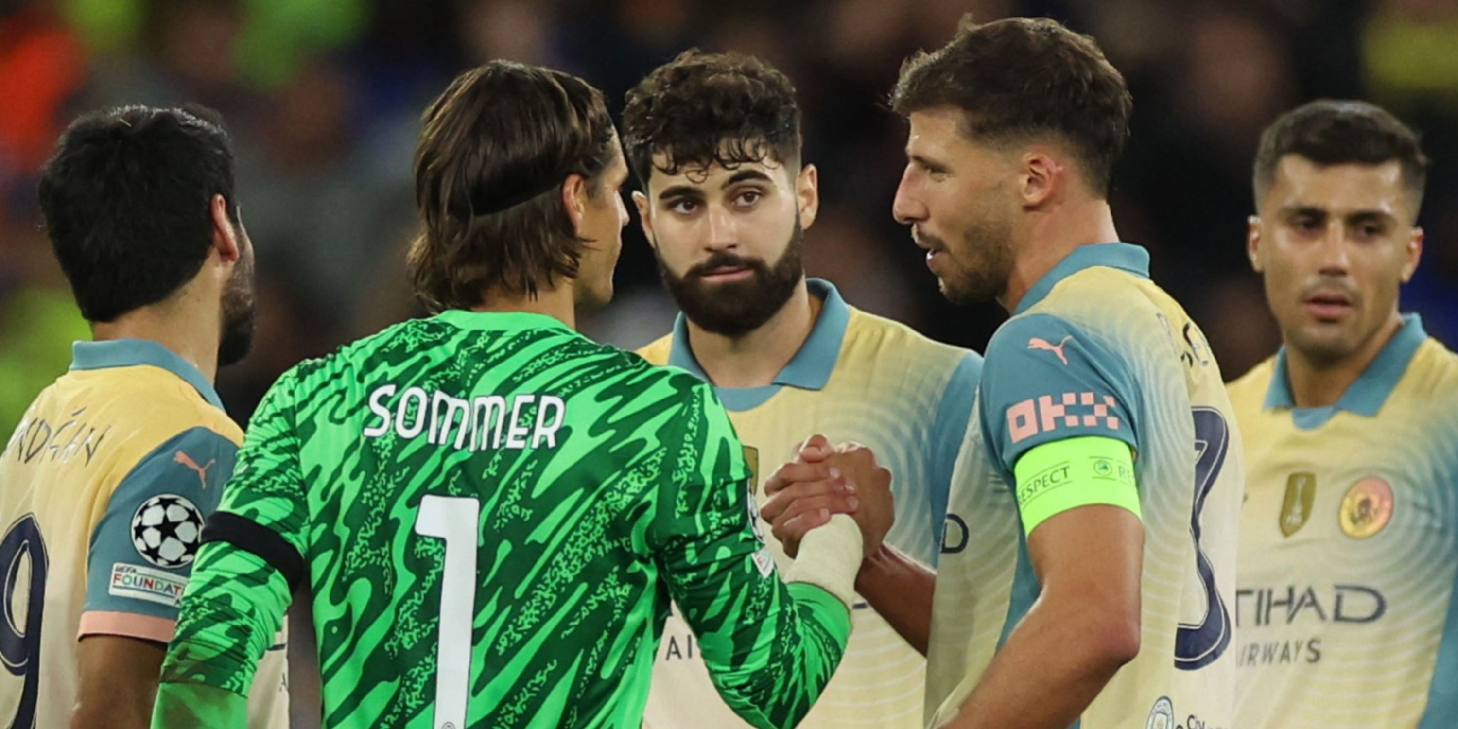 Inter Milan's Yann Sommer with Manchester City's Ruben Dias, Manchester City's Josko Gvardiol and Manchester City's Ilkay Gundogan