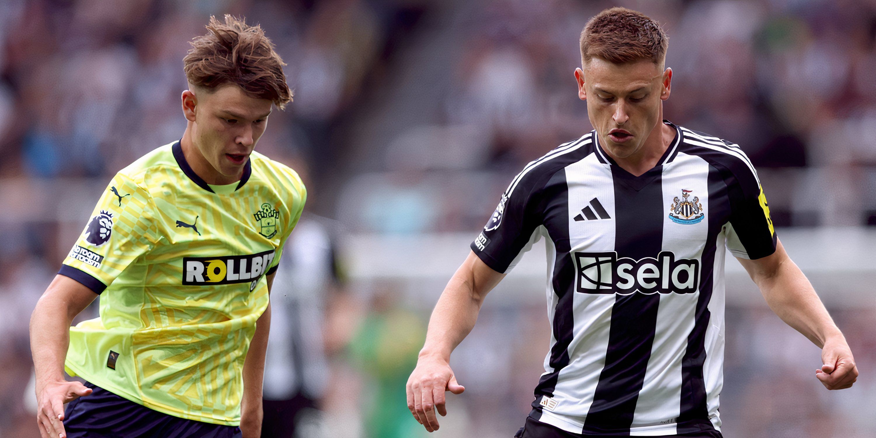 Southampton teenager Tyler Dibling and Newcastle United winger Harvey Barnes battling for possession