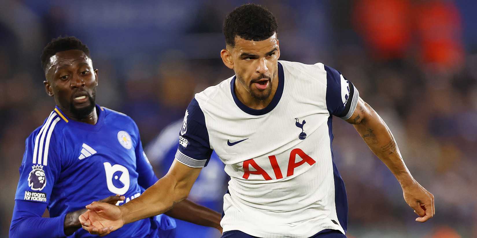Tottenham Hotspur striker Dominic Solanke under pressure from Leicester City midfielder Wilfred Ndidi