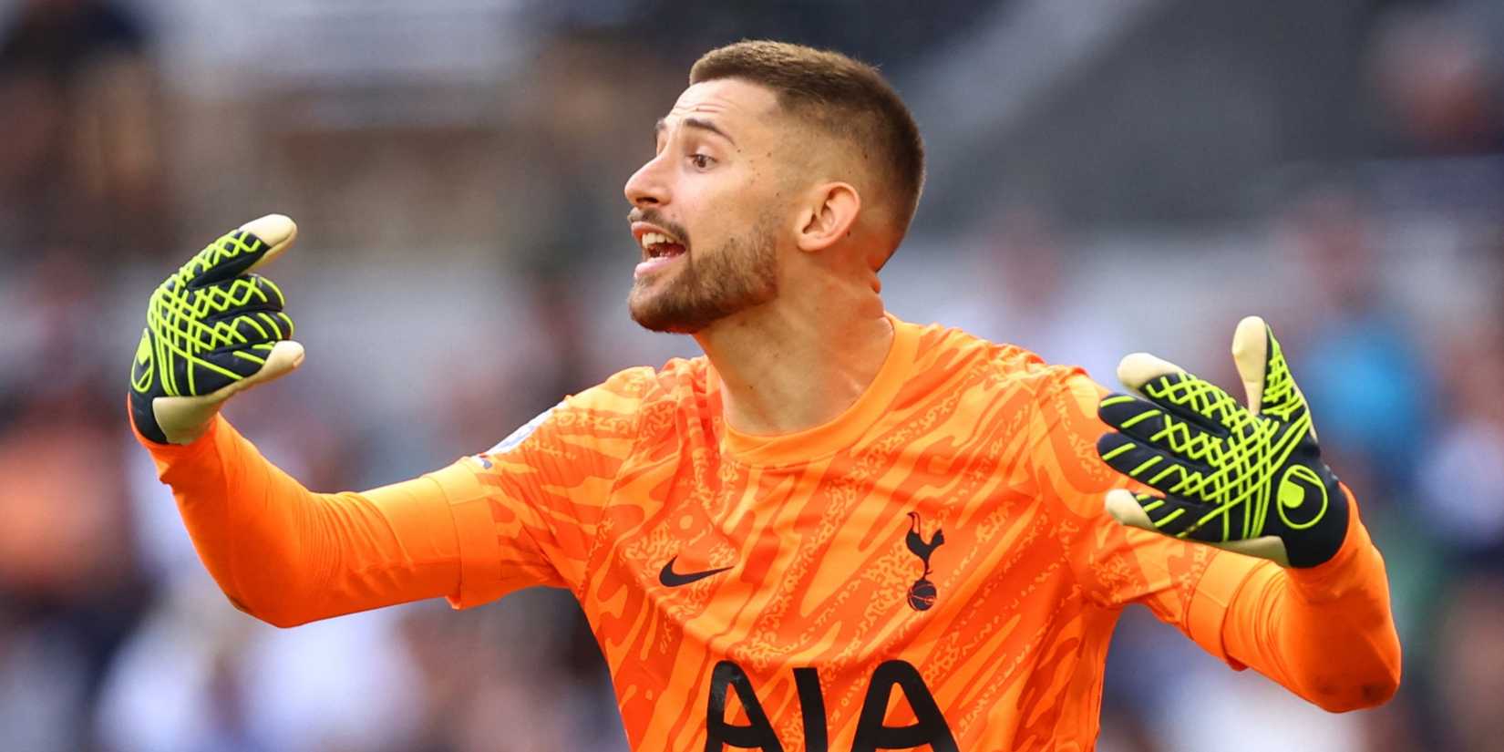 Tottenham Hotspur's Guglielmo Vicario reacts vs Brentford