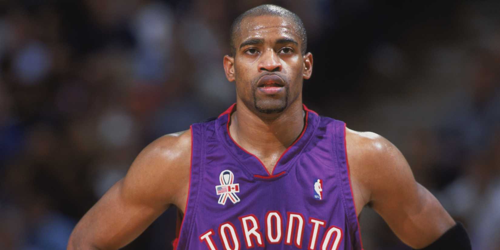 Vince Carter of the Toronto Raptors looks on during an NBA game.