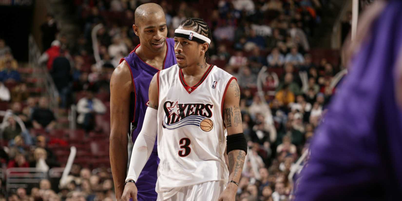 Vince Carter, Toronto Raptors and Allen Iverson, Philadelphia 76ers in an NBA playoff game.