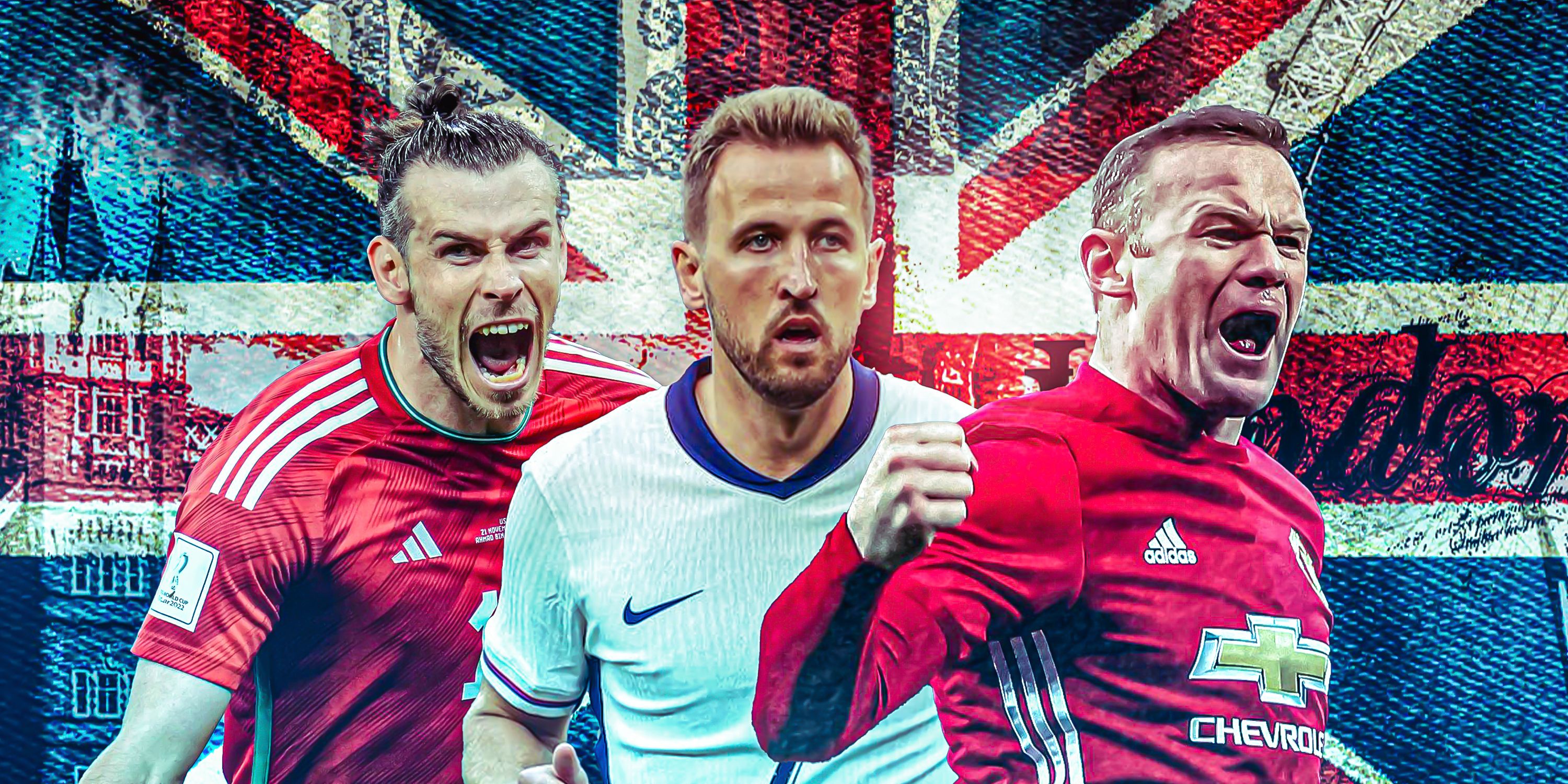 Gareth Bale (Wales), Wayne Rooney (Man Utd), Harry Kane (England) with Union Jack theme