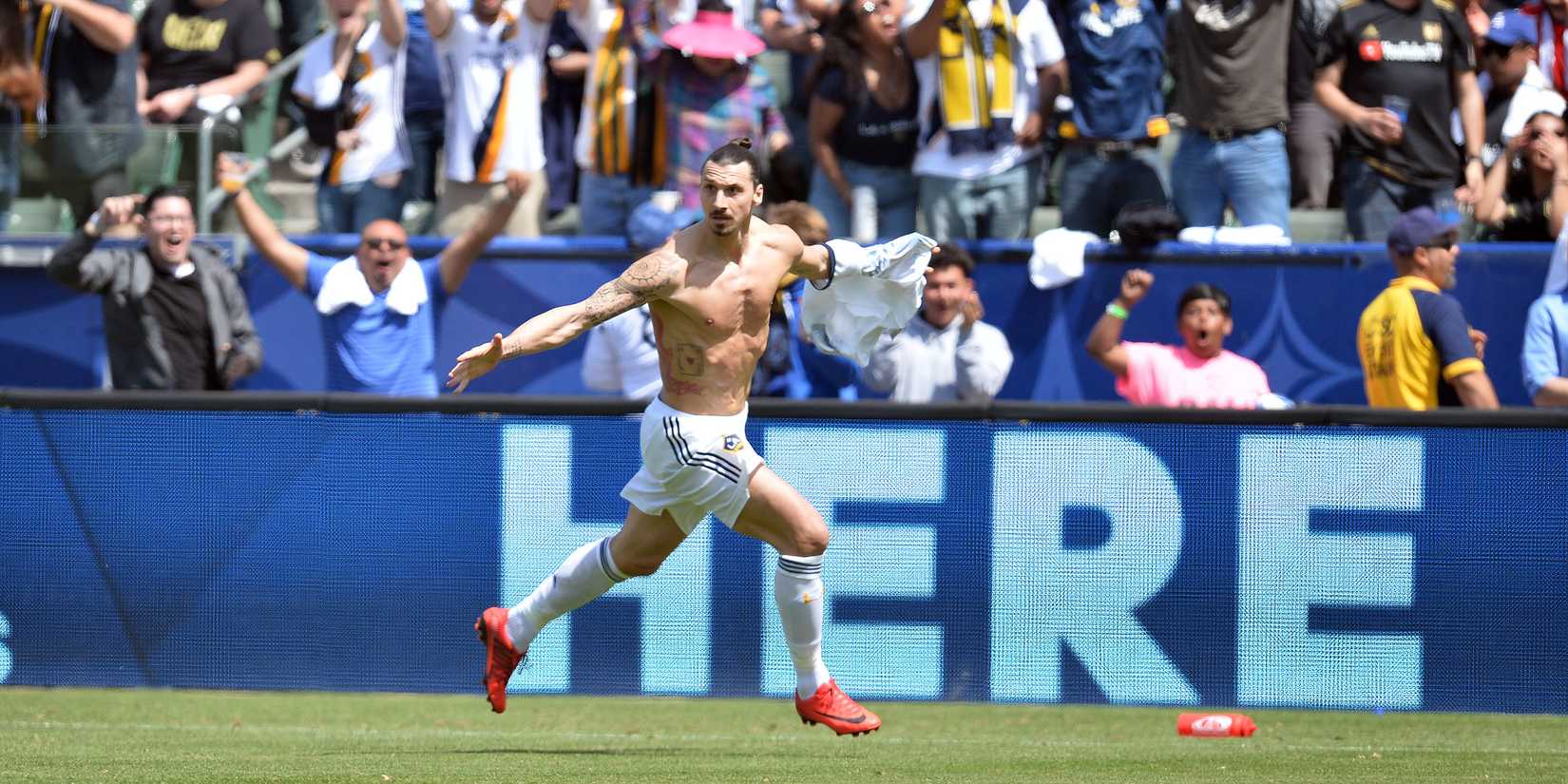 Zlatan Ibrahimović celebrates a goal against Los Angeles FC