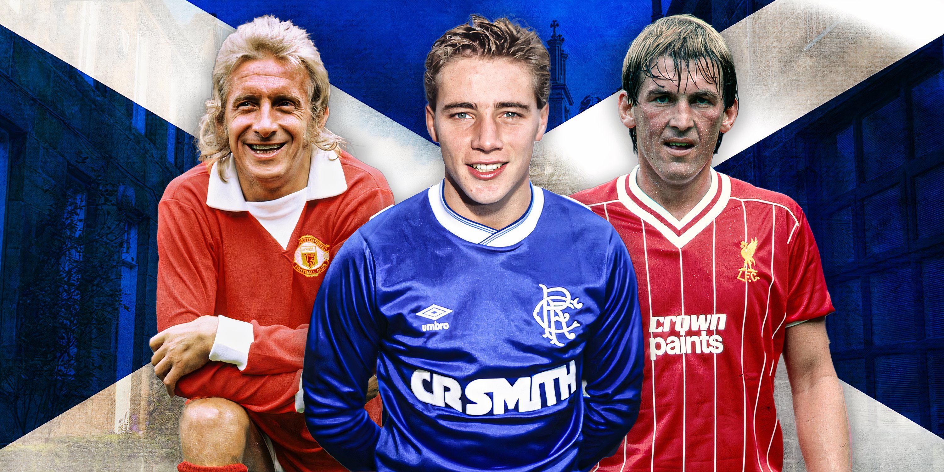 Ally McCoist, Kenny Dalglish and Denis Law in front of a Scotland flag